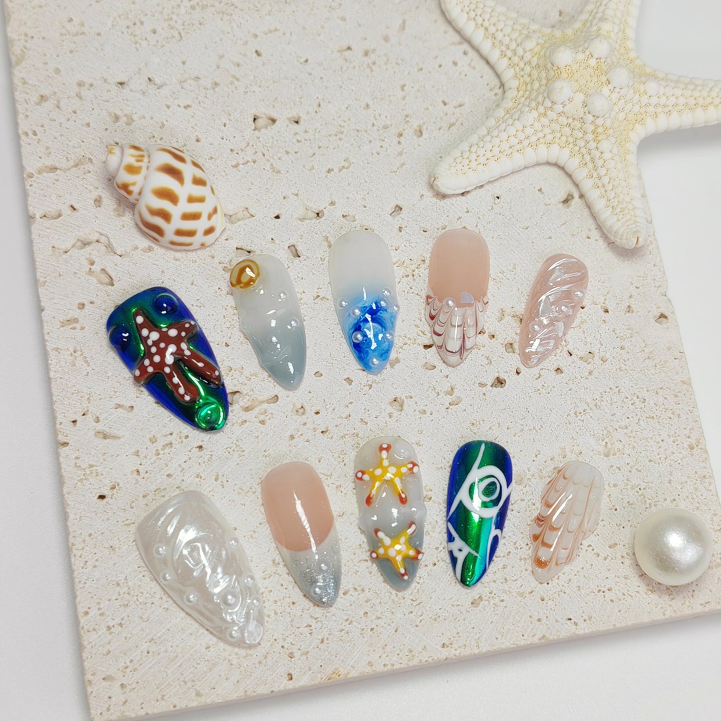 Almond Press on Nails Handmade Medium Long/Stiletto 3D Flower Fake Nail with Designs, Women Reusable False Nails (Ocean Starfish, S)