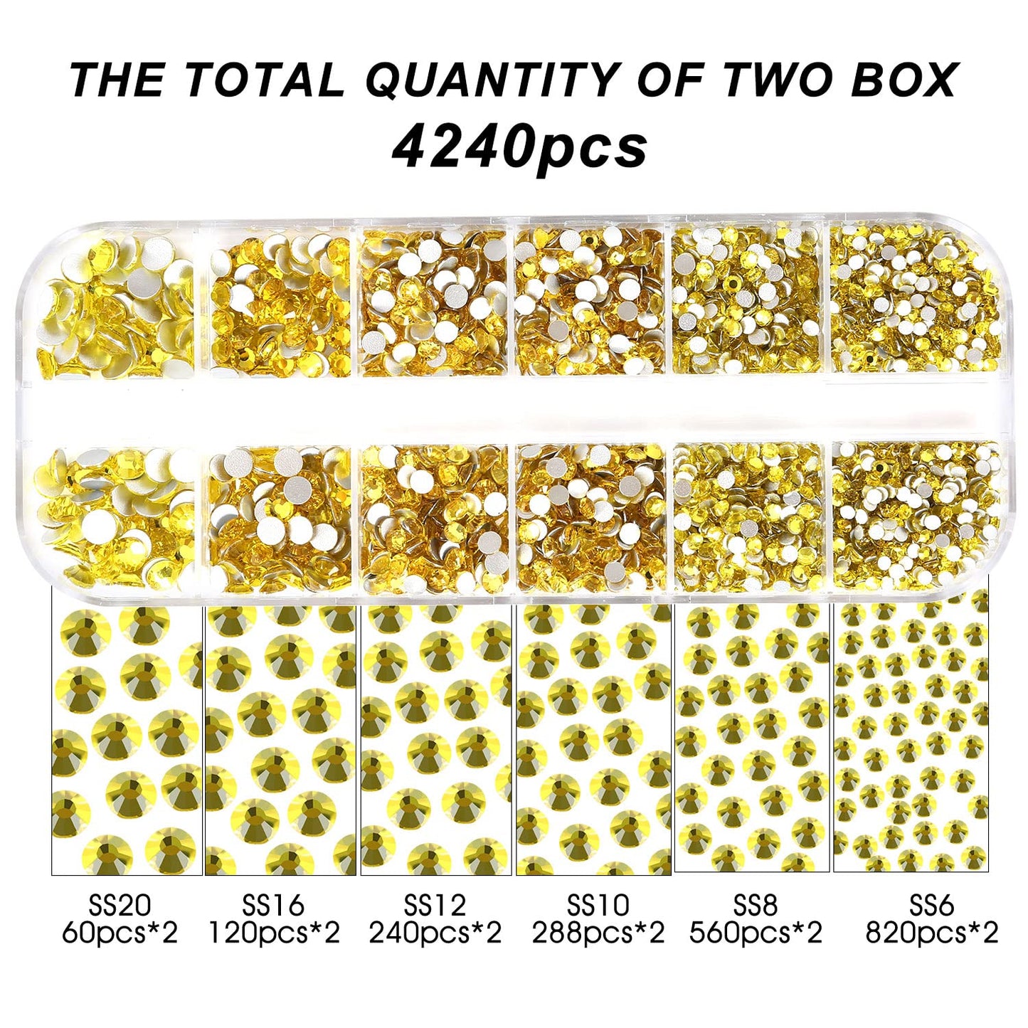 Meibite Yellow Glass Flatback Rhinestones for Nails, Crafts & Clothes – 4240PCS 6 Sizes (SS6–SS20) Crystal Gems Kit with Tweezers & Picker, Non Hotfix DIY Rhinestones for Tumblers, Shoes, Nail Art