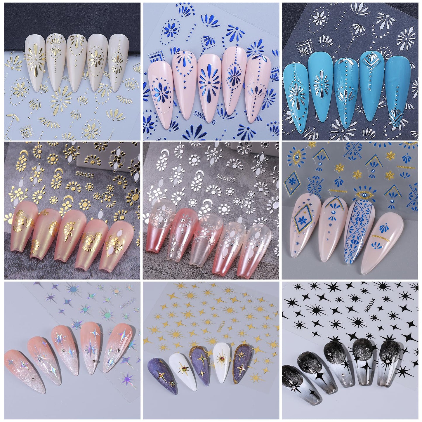 Bohemian Stickers for Nail Art 12PCS Boho Styles Nail Decals Blue Totem Gothic Nails Art Desigsn Metallic Gold Silver Star Self-Adhesive Sliders for Gel Polish Acrylic Supplies DIY Manicure Decor