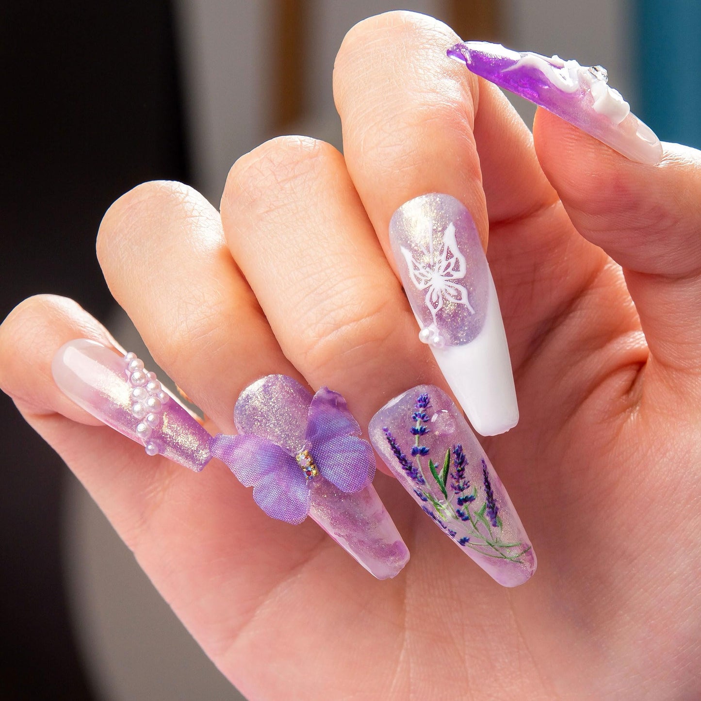 LOVFUL Press on Nails Butterfly Spell | Handmade with Full Covered Crystals | Reusable Full Cover Nails | Coffin Classic Regular 1.3 in | H461-M