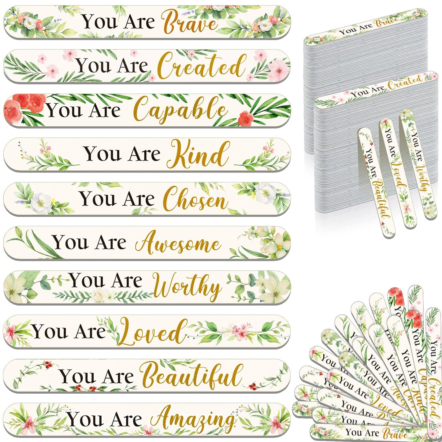 Therwen 50 Pcs Mothers Day Gifts Bulk Floral Christian Nail File Small Mom Women Church Gift Bulk Double Sided Emery Board Nail File Tool for Mother's Supply(Green Leaves Inspirational)