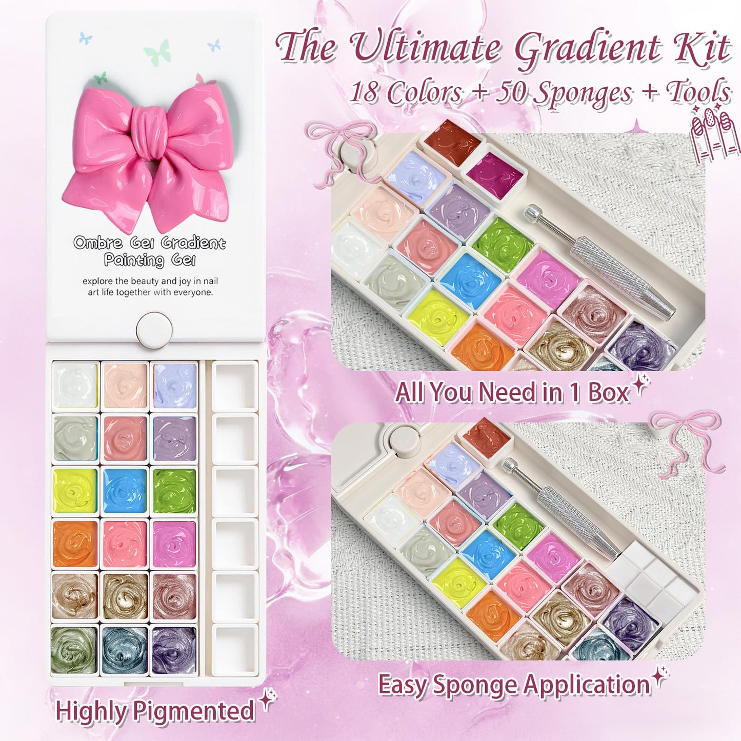 GJYUQHUA 18 Colors Patting Gel Polish & Tools Kit - Pat Pat Gel Polish Palette for Ombre Nails Art，UV/LED Cured Gradient Blooming Manicure Kit DIY with Nail Sponges & Tools