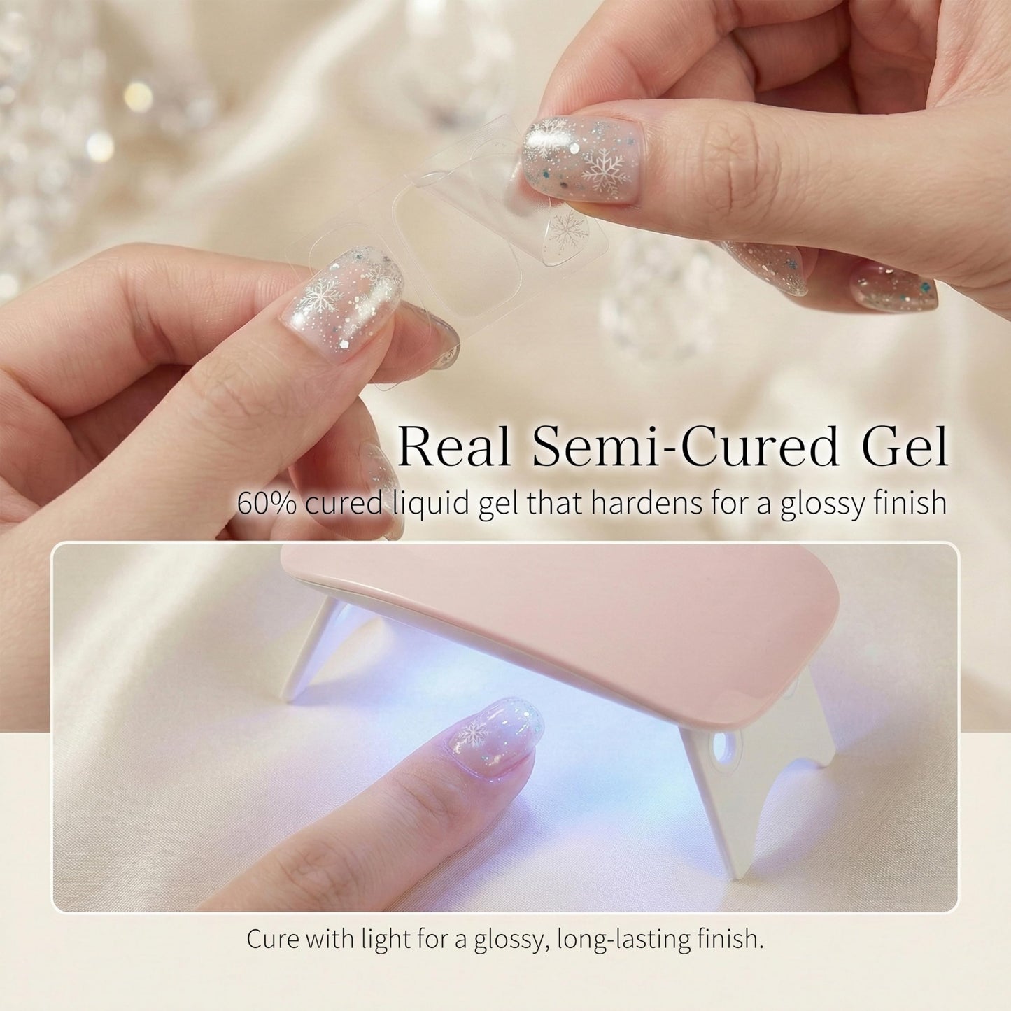 Sun&Beam Nails Semi Cured Gel Nail Strips Pink Snowflakes Real Gel Polish Wraps UV Lamp Required Winter Christmas Art 16 Stickers (#004 Pink Snowfall)