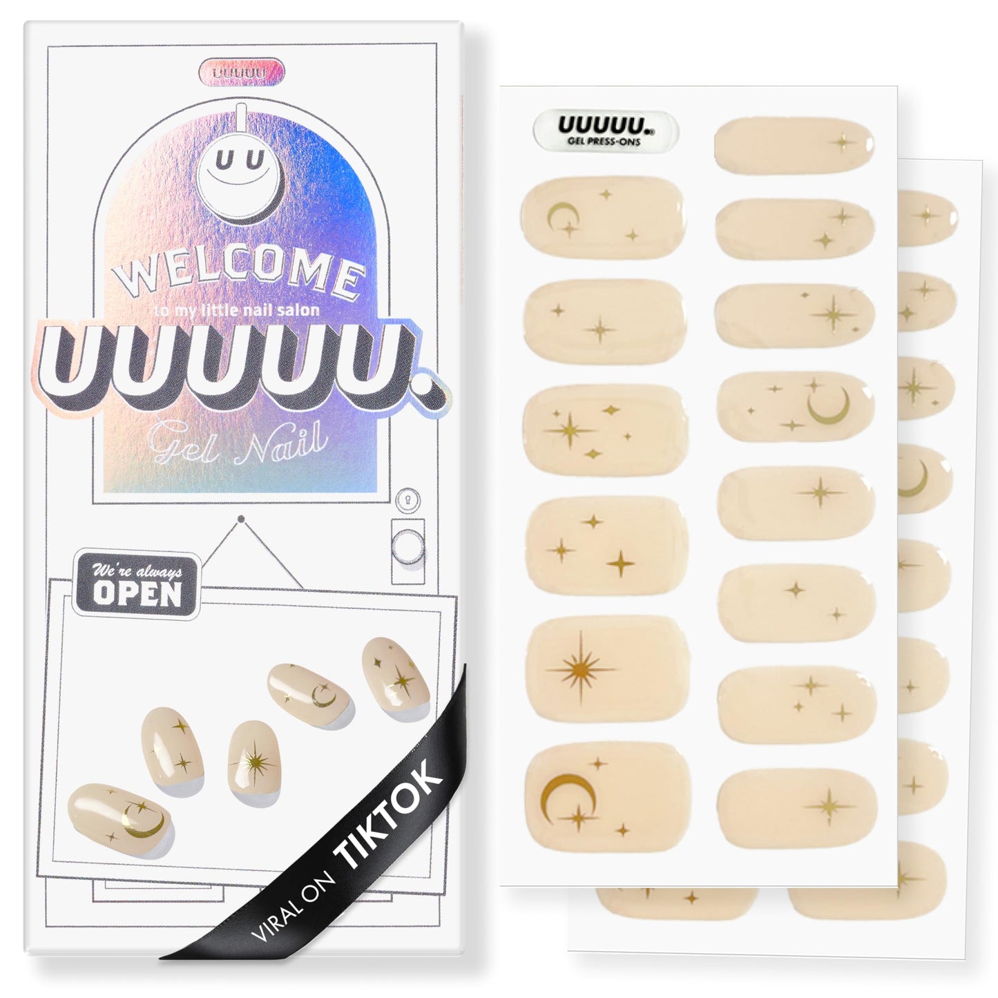 UUUUUU Semi Cured Gel Nail Strips | Salon-Quality | UV Free Gel Nail Wraps for Women | Easy Peel&Stick | Long-Lasting up to 14 Days | 28 Strips Set+File & Wipes | Gift-Ready(Luna StarUGN206)