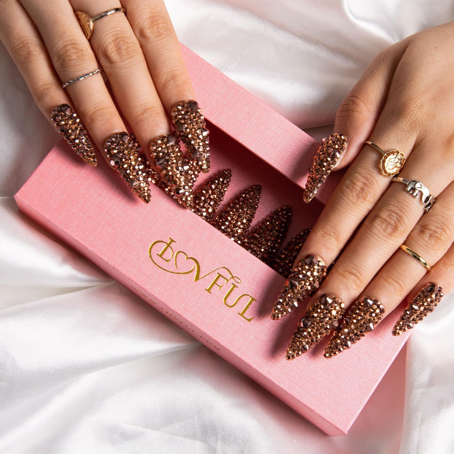 LOVFUL Press on Nails Classic Golden Rhinestone | Handmade with Full Covered Crystals | Reusable Fake Nails | Stiletto Classic Regular 1.3 in | H148-M