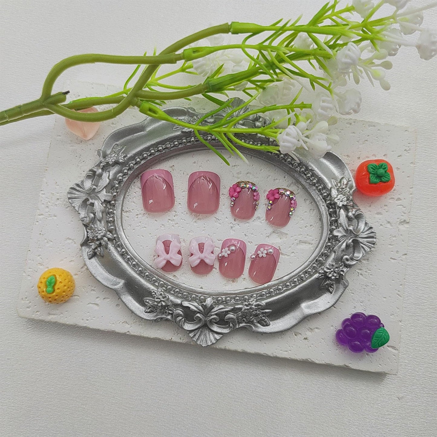 Spring Press on Nails Square Short Fake Nails with 3D Flower Rhinestones Bow Designs Pink White French Nails Press ons Glossy Glue on Nails Nude Acrylic Nails Glitter Stick on Nails for Women 24Pcs