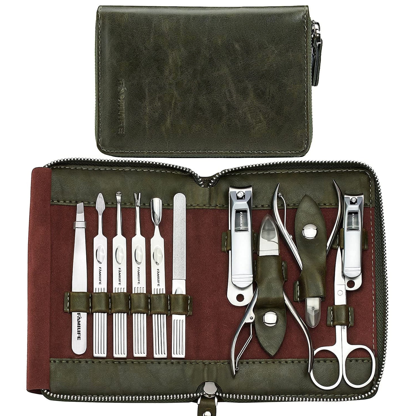 FAMILIFE F03 Manicure Set, Pedicure Kit Nail Clipper Set 13pcs Professional Men Grooming Kit and 11 in 1 Stainless Steel Mens Manicure Kit Leather Pedicure Tools Kit Grooming Kit with Travel Case Box