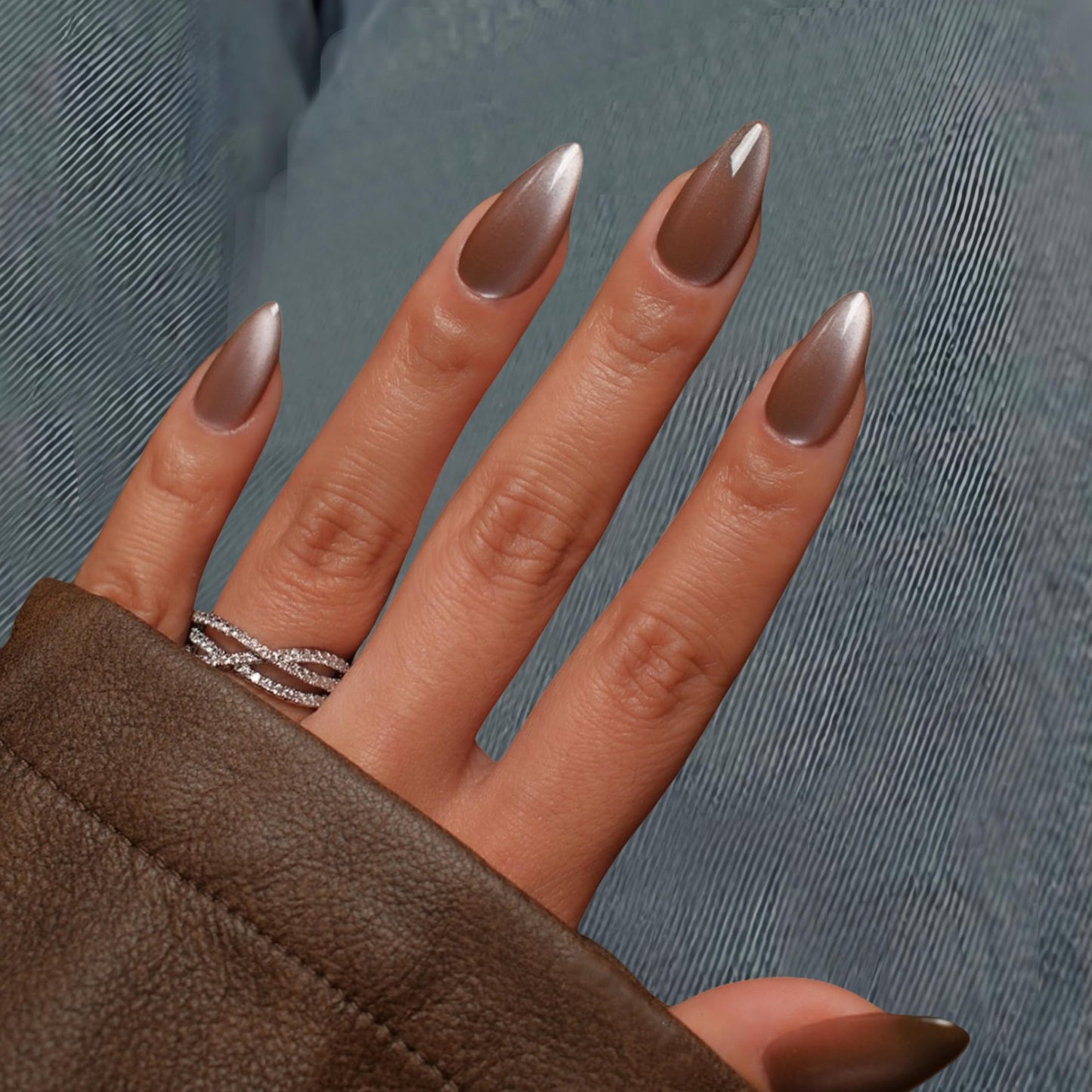 SXVME Cat Eye Dark Brown Press On Nails Medium Almond Shaped - 30 Pcs Stiletto Fake Nails Acrylic Press ons, Natural Fit, Opaque Glitter Chrome Gel Nails Stick on, Soft Gel Glue on Nails for Women