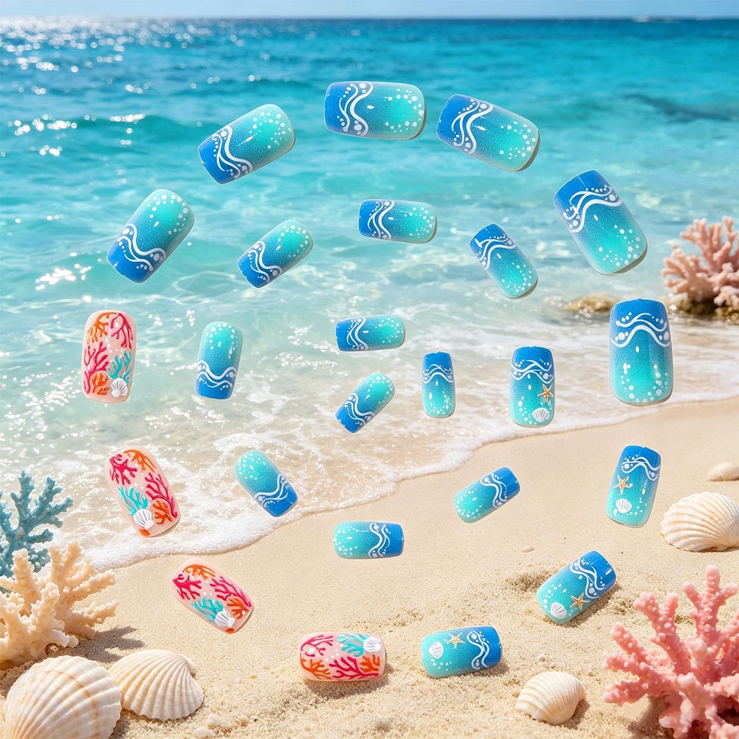 Summer Ocean Press on Nails, Medium Square Fake Nails with Starfish and Seashell Design, Glossy Gradient Blue False Nail Coral Stick on Artificial Nail for Women Beach Vacation, Reusable Acrylic Nail