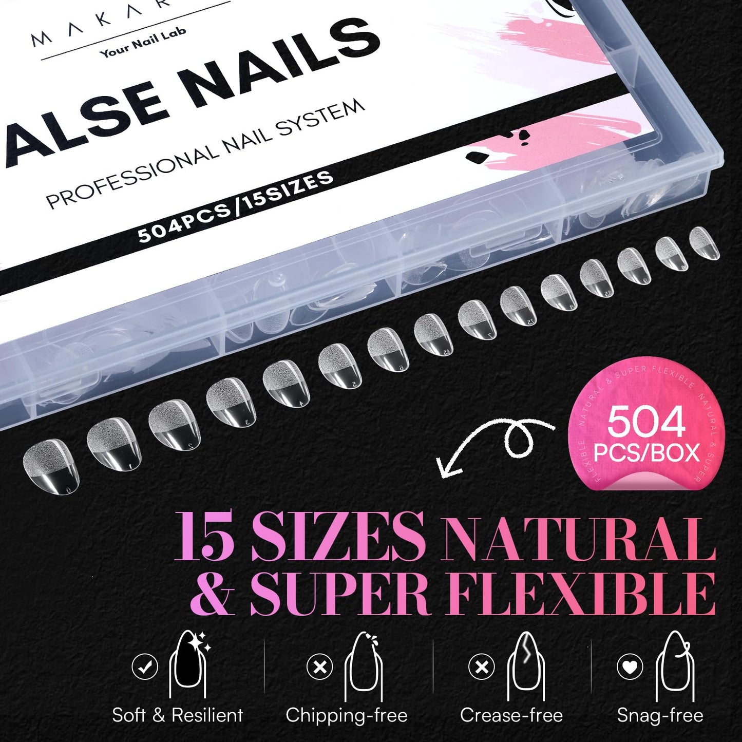 Makartt Extra Short Almond Nail Tips: 504PCS Pre Etched Clear False Nails Tips Almond Shapes, 15 Sizes Full Cover Half Matte Soft Acrylic Press On Nail Extensions Supplies Salon and DIY at Home
