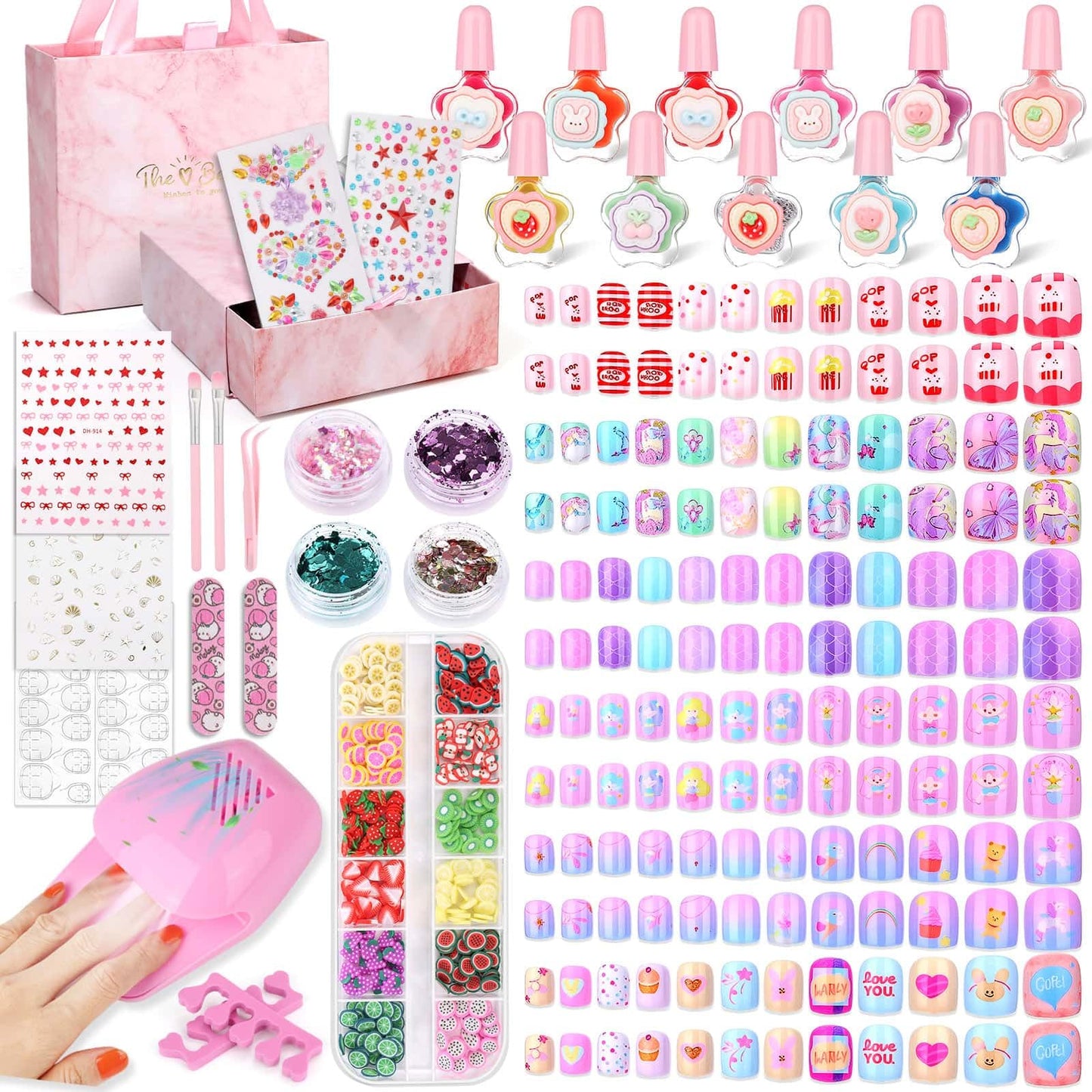 Kids Nails and Nail Polish for Girls, 144 Mini Press On for Kids, 12 Non-Toxic Nail Polish, Dryer, Gems Stickers, Cute Nail Stuff Gift for Girls Age 8-12