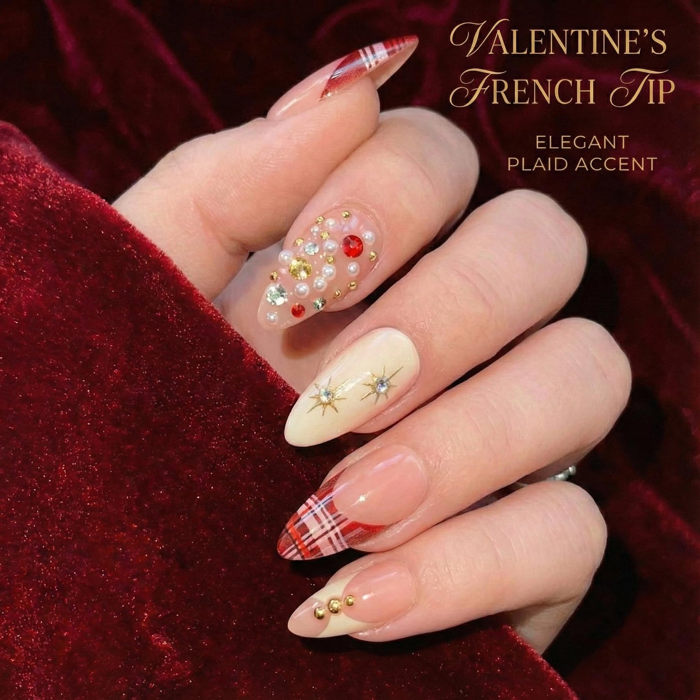 Medium Almond Press on Nails - Red Tartan French Tip, Bling Gems, Nude and Milky White Shades Design - Cute Long Lasting Fake Nails Kit, Old Money Styles For Outgoing, Party, Date Night by Nailinism