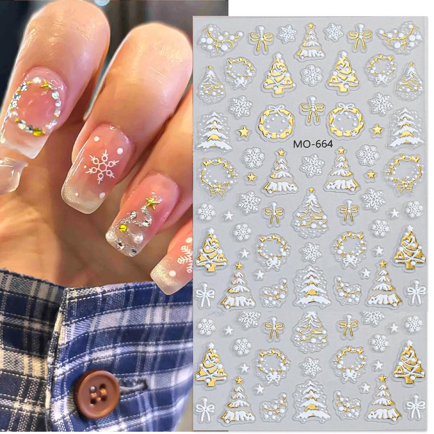 3Pcs 3D White Christmas Nail Stickers Embossed Nail Decals with Gold Glitter Xmas Tree Snowman Snowflakes Elk Design Winter Xmas Nail Art Decoration Supplies Holiday Nail Sticker for Women