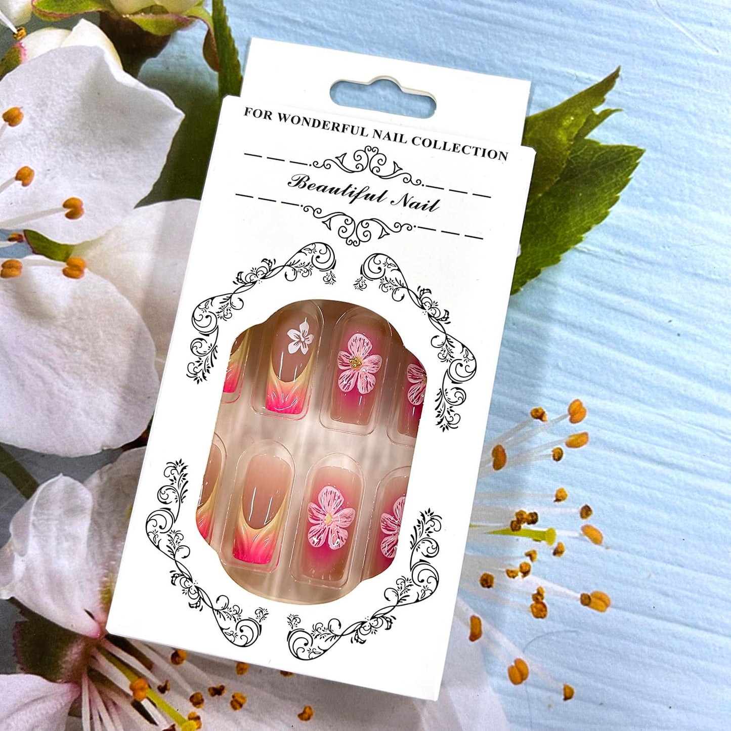 Flower Press on Nails Medium Square French 3D Pink Gradient False Nails Gold Rhinestones Design Full Cover Coffin Nails Acrylic Artificial Nails French Stick on Nails DIY Glue on Nails for Women