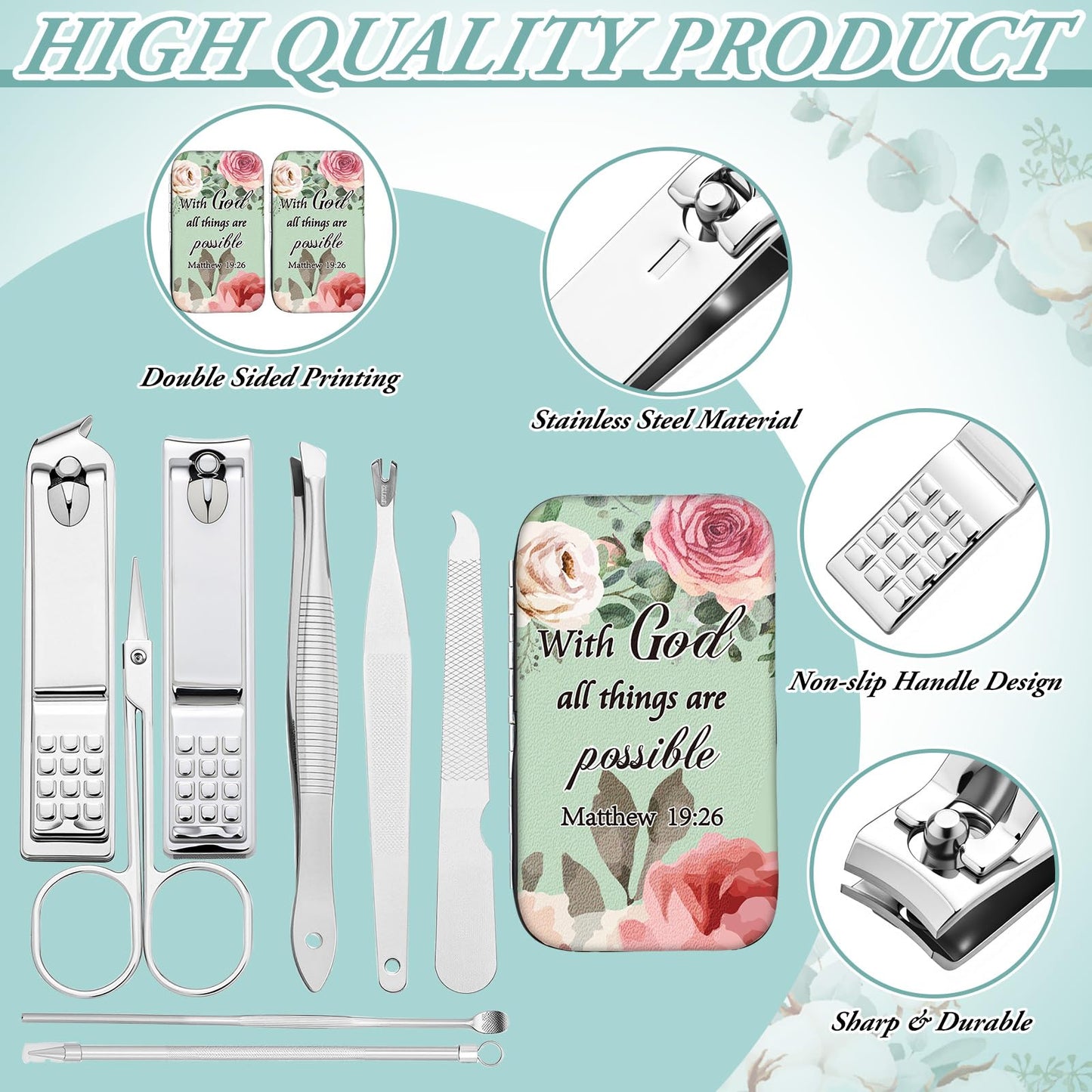 Lanties 10 Sets Christian Gifts for Women Bulk Bible Verse Scripture Manicure Sets Floral Stainless Steel Nail Clipper Set Religious Gift for Employee Staff Women Christmas Party Supplies