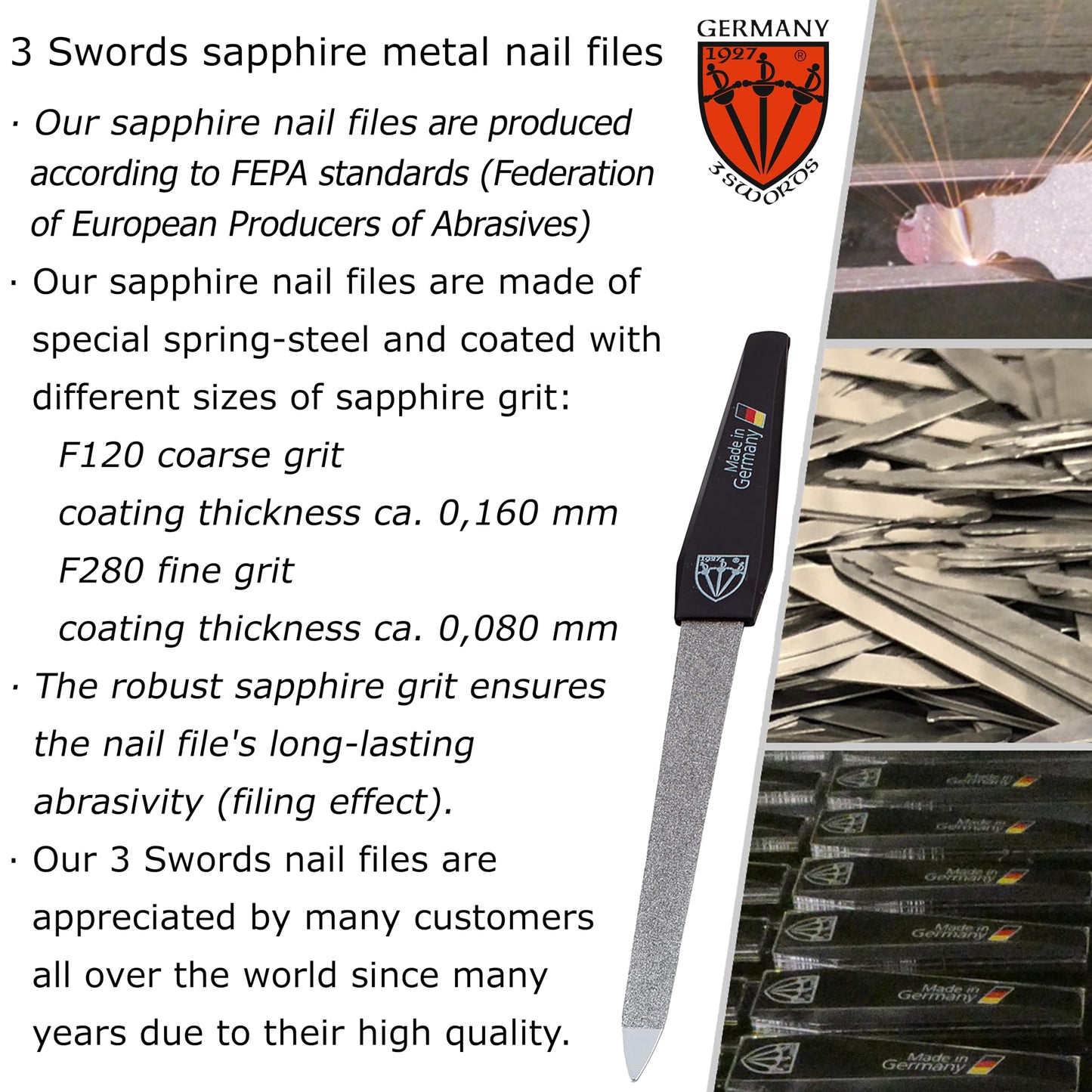 3 Swords Germany - Brand Quality Sapphire Metal Nail File Set (5 pcs.) with 3-Way Nail Buffer (1 pc.), Manicure Pedicure Finger & Toe Nail Care - Made in Solingen Germany (671)