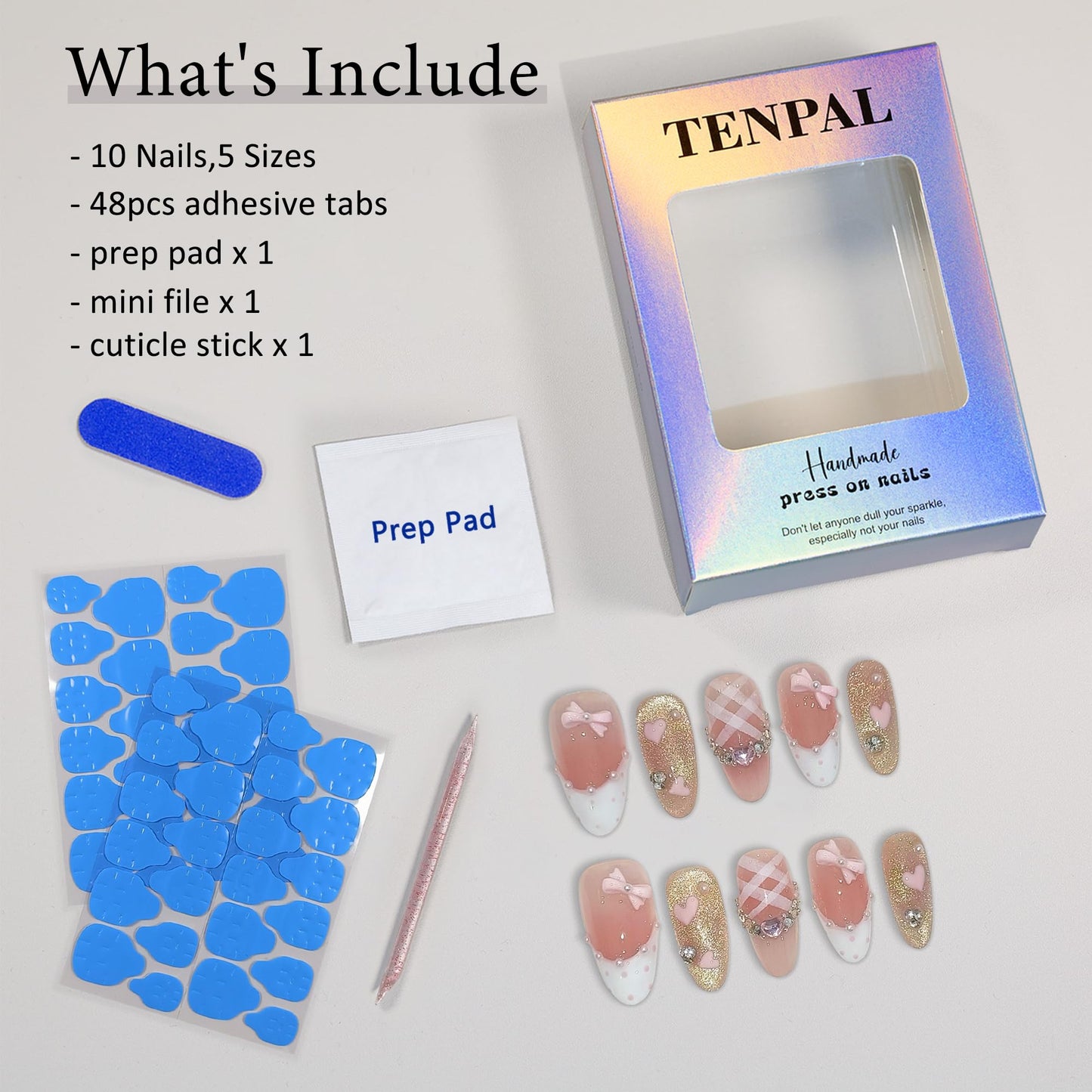 TENPAL Reusable Almond Press on Nails Medium,Pink Cat Eye Glitter Fake Nails with Polka French Tips,Hand-Painted Hearts & 3D Bow Rhinestones False Nails,Princess K-Beauty Nails Full Manicure Kit(XS)