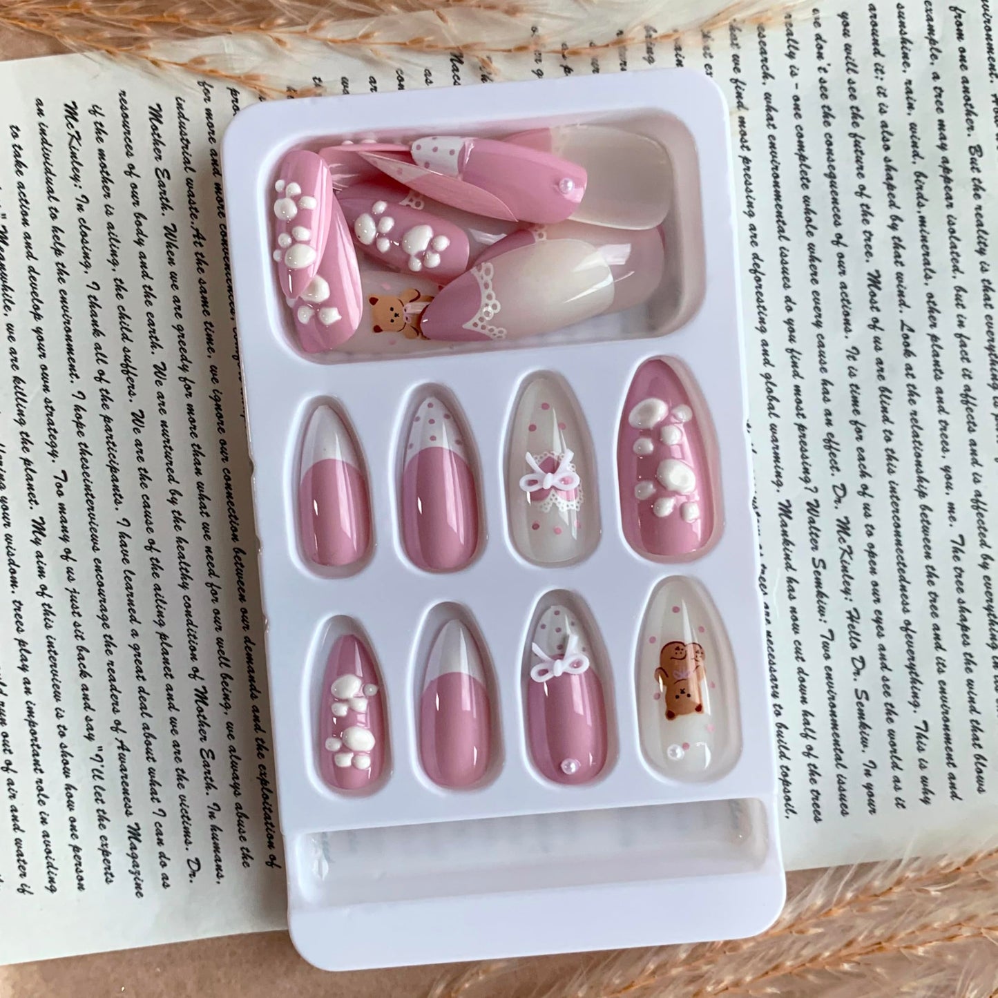 BABALAL Kawaii Bear Press On Nails, Almond Fake Nails with 3D Bow & Paw Print, Pink French Acrylic Full Cover Stick On Nails for Women 24Pcs