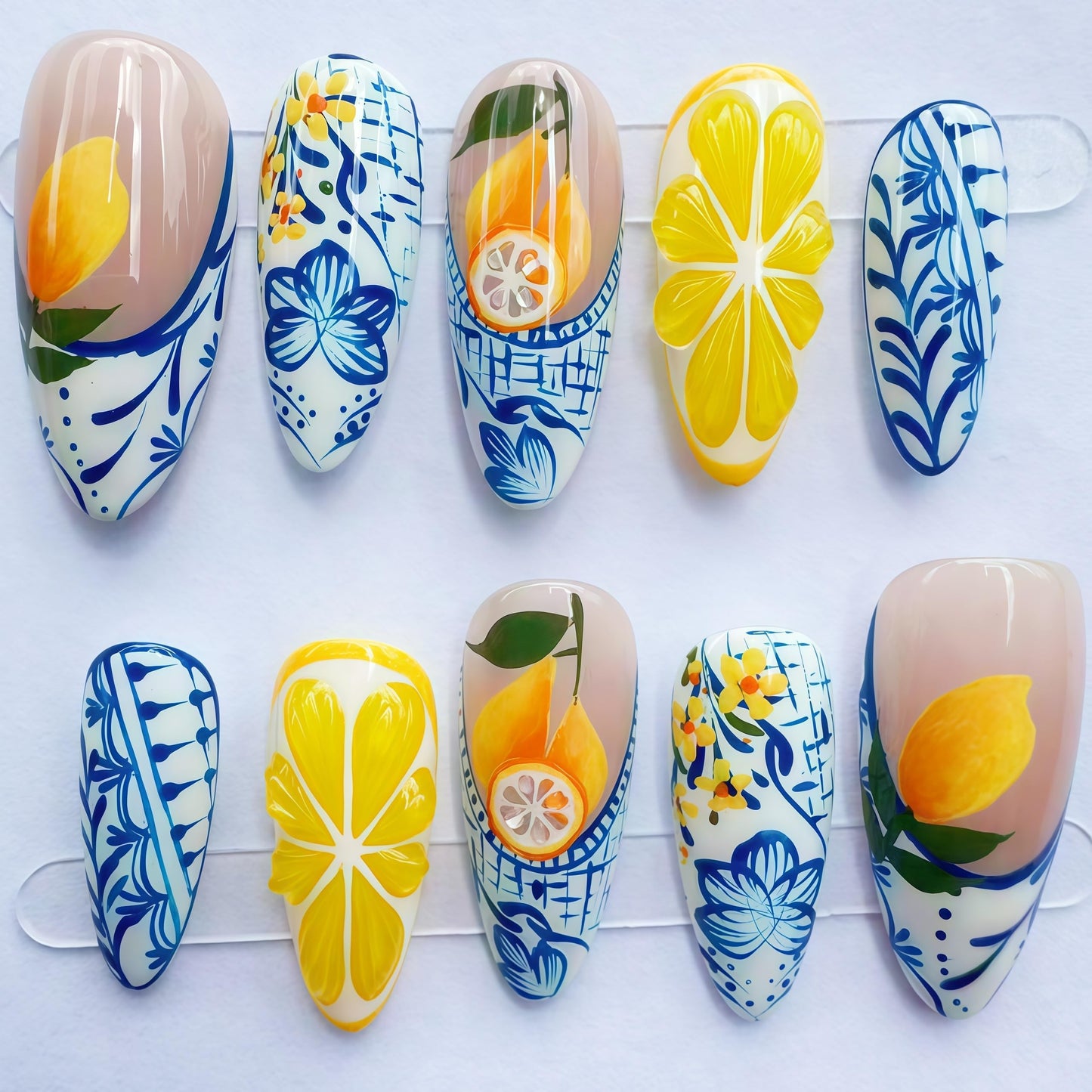 Handcrafted Press On Nails Italian Vacation Style Lemon & Blue Ceramic Pattern 100% Handmade Realistic Artistic Fake Nails With Adhesive Glue Tabs And Tool Gifts For Women (Hand-Painted Lemon,Long L)