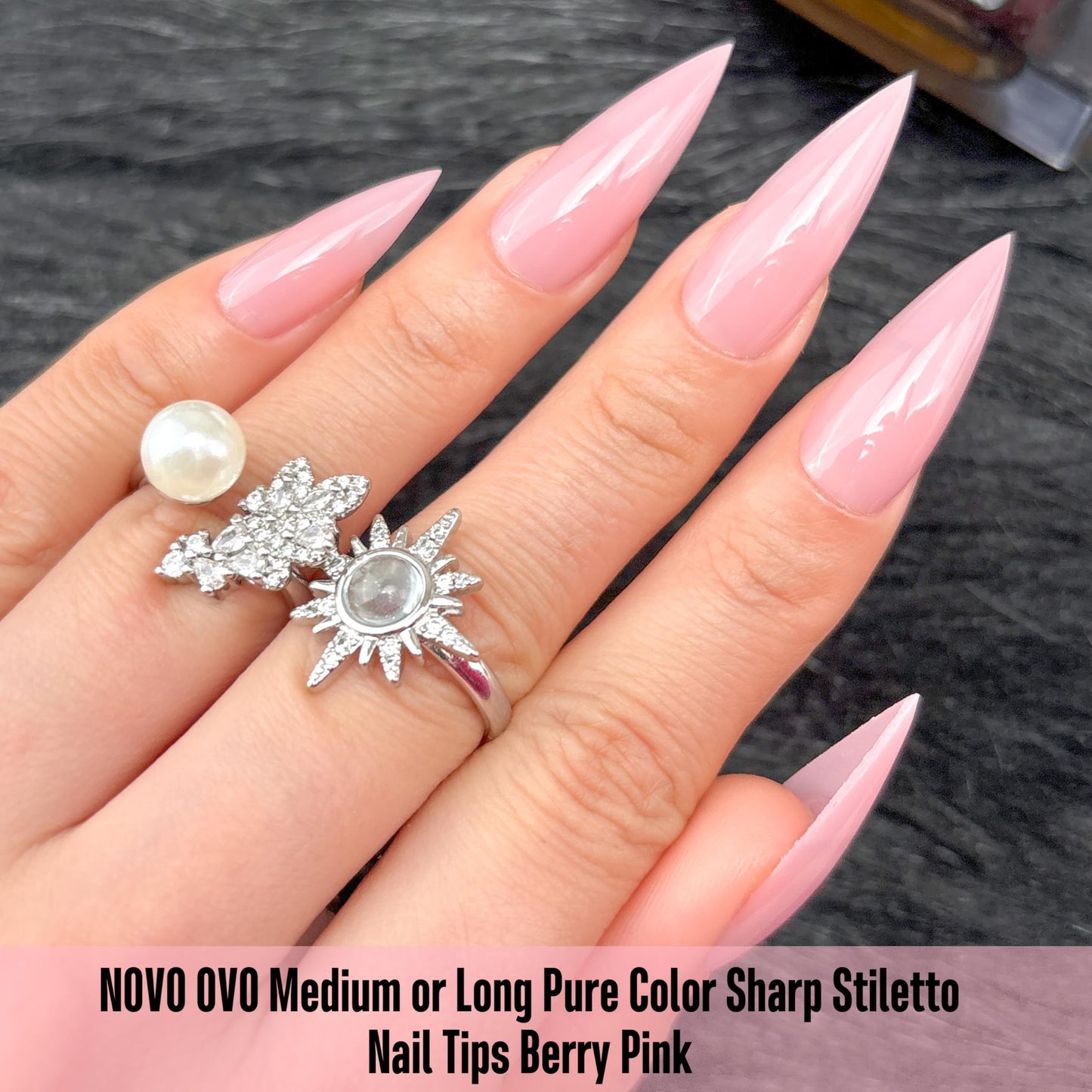 NOVO OVO Medium Long Stiletto Nail Tips Berry Pink (224Pcs) - Pre-designed Soft Gel Full Cover False Nails, Sharp Pointed Acrylic Press on Extension, DIY Salon Manicure (16 Sizes)