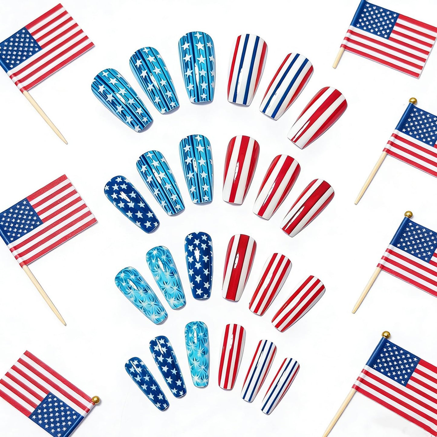 24Pcs Independence Day Press on Nails Medium Length Fake Nails Lines with Stars Fireworks False Nail Ballet Shaped 4th of July Stick on Nail Glue on Artificial Fingernails for Women Holiday Manicure