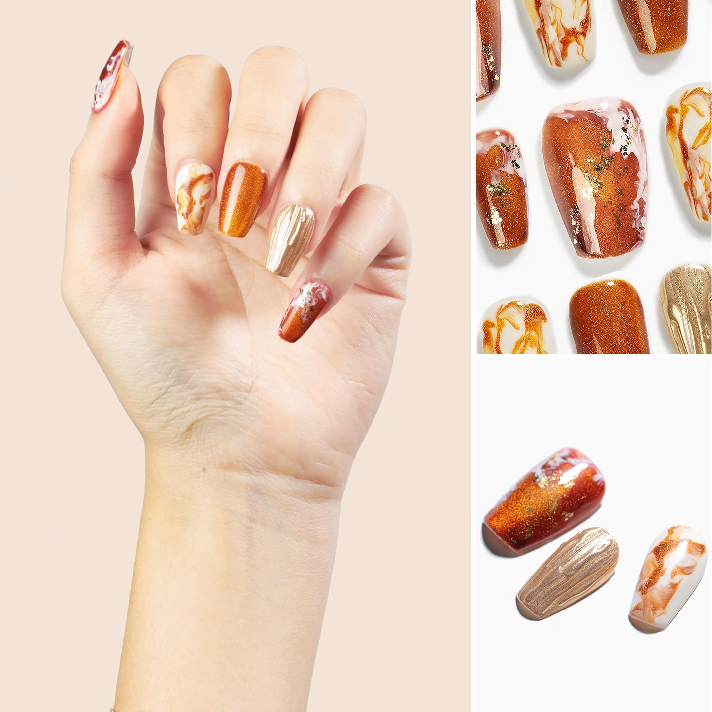 Sun&Beam Nails Handmade Press-on Short Coffin Ballerina Brown Gold White Amber Gradients Design False Nail Tips 10 Pcs (#134 M)