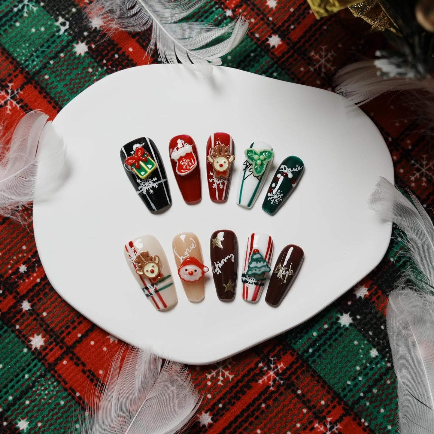 Tesytto Christmas Press on Nails Medium Coffin Colorful Fake Nails with Cute 3D Elk Santa Claus Xmas Trees Candy Canes Design Winter Handmade Acrylic Nails for New Year (Holiday Gifts,M)