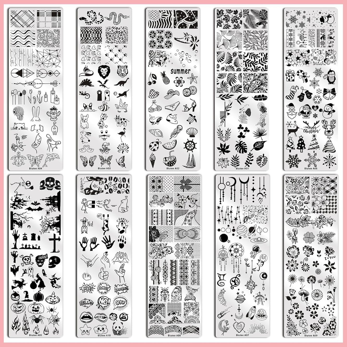 Biutee Nail Stamping Plates Set 10 pcs Nail Art Stamper Scraper Nail Stamp Plates Kit Nail Art Plate Template Lace Flower Butterfly Star Rose Design Nail Art Accessories
