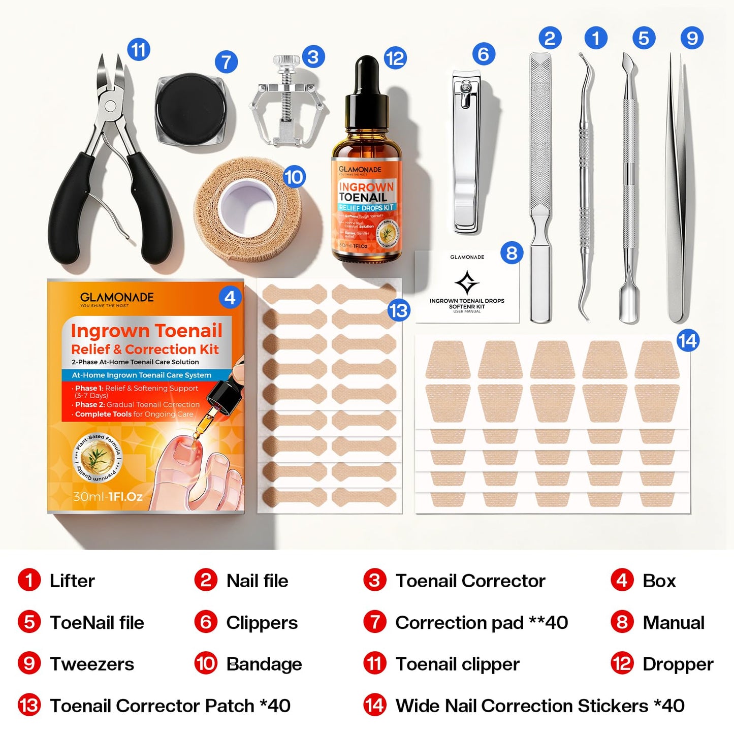 Glamonade Ingrown Toenail Removal Kit: Complete Ingrown Toenail Tool With Corrector Patch And Relief Softening Drops For Soothing Comfort, At‑Home Professional Kit For Men & Women with Curved Toenails