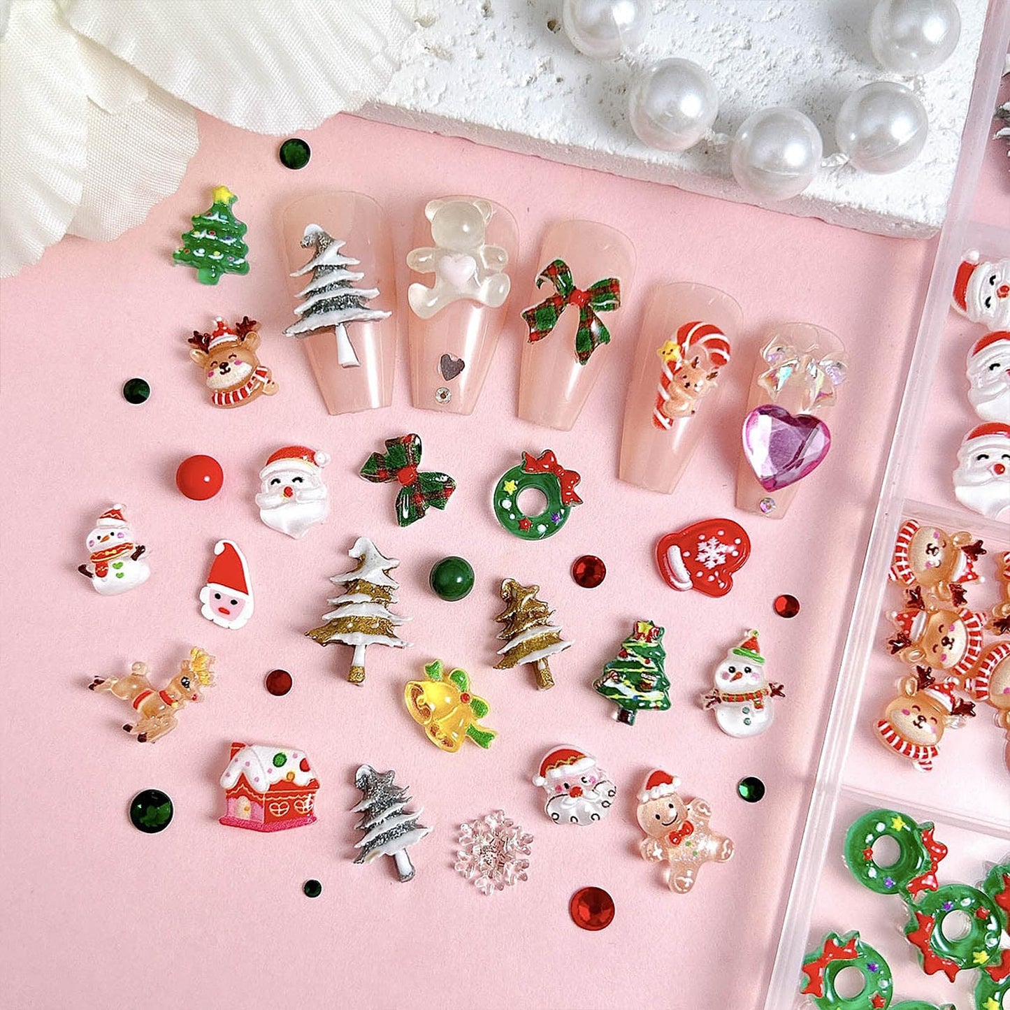 Christmas Nail Charms, 24 Girds Red Green Pearls Rhinestones Nail Art Charms, Santa Xmas Tree Nail Diamonds for Christmas Winter Holiday DIY Manicure Decor Craft Making