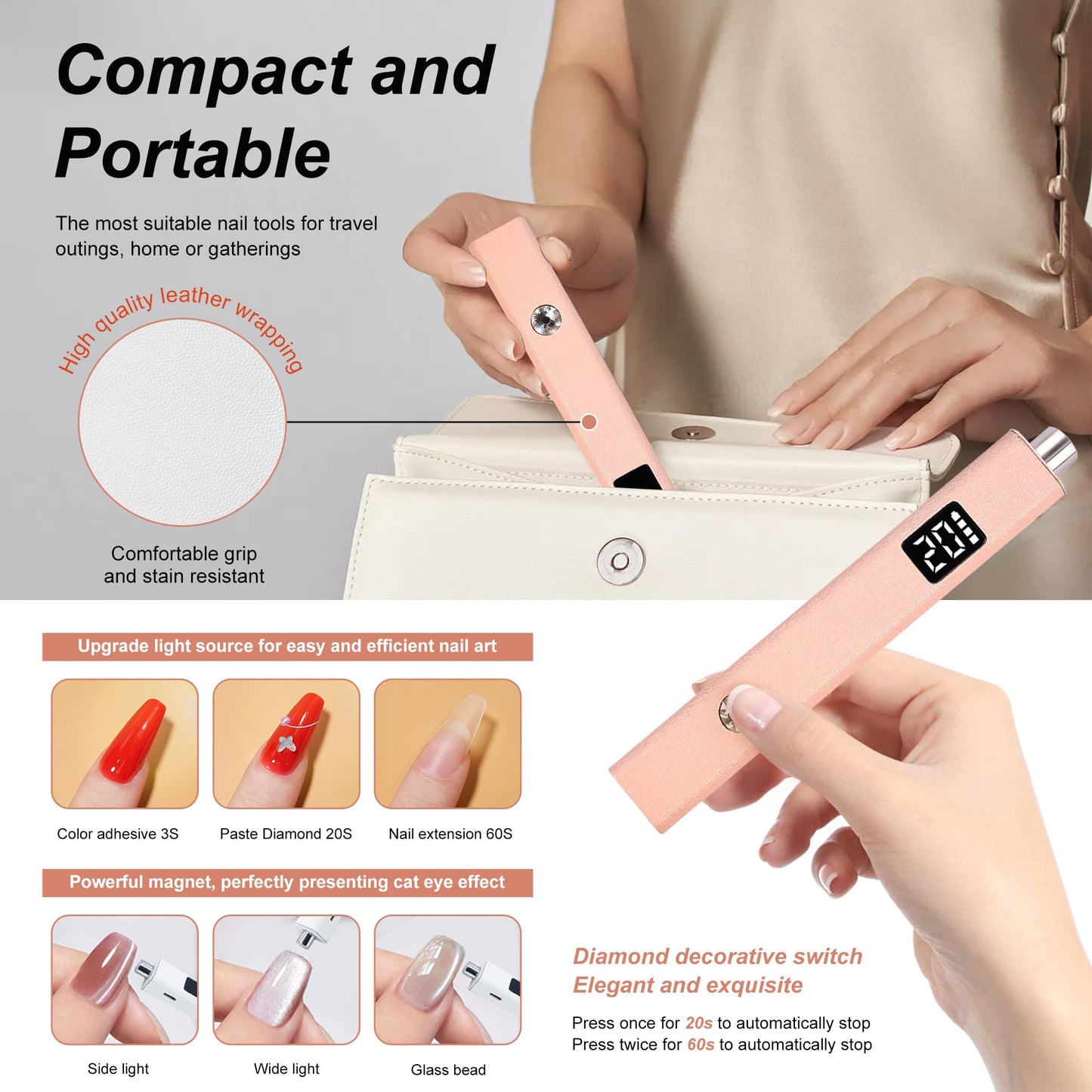 gzpynsgaoh 2 in 1 U V Nail Lamp Cat Eye Magnet 8s Flash Cure Lamp Nail Portable Cordless UV/LED Nail Dryer for Gel Polish with Magnetic Cat Eye Design,U V Light for Gel Nails.(Pink)