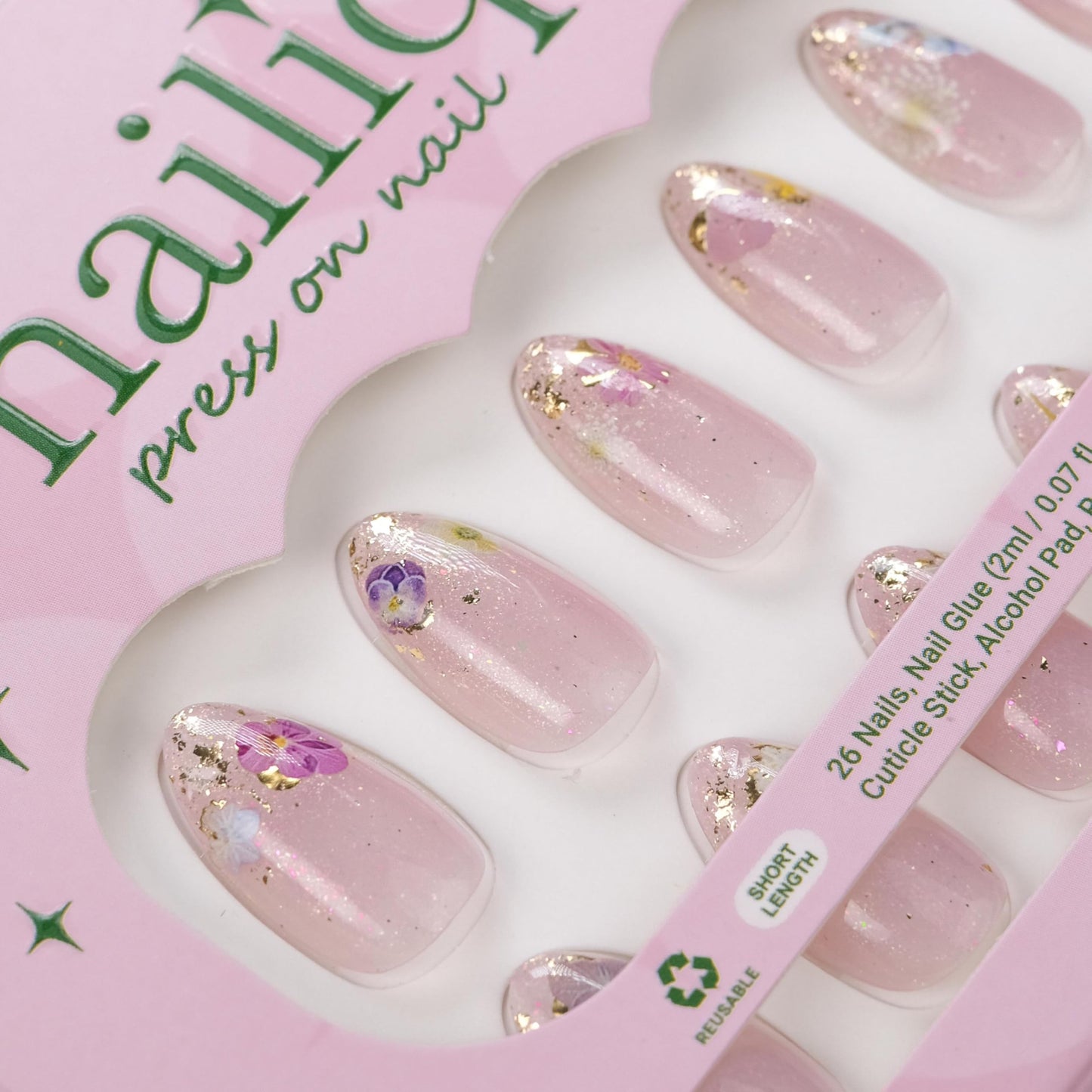 Nailique Press On Nails Short Almond – Handmade Lavender Floral Soft Gel with Gold Foil, 26pcs Reusable Nail Tips with Lamp-Curable Glue, Salon Quality Spring Wedding Manicure for Women