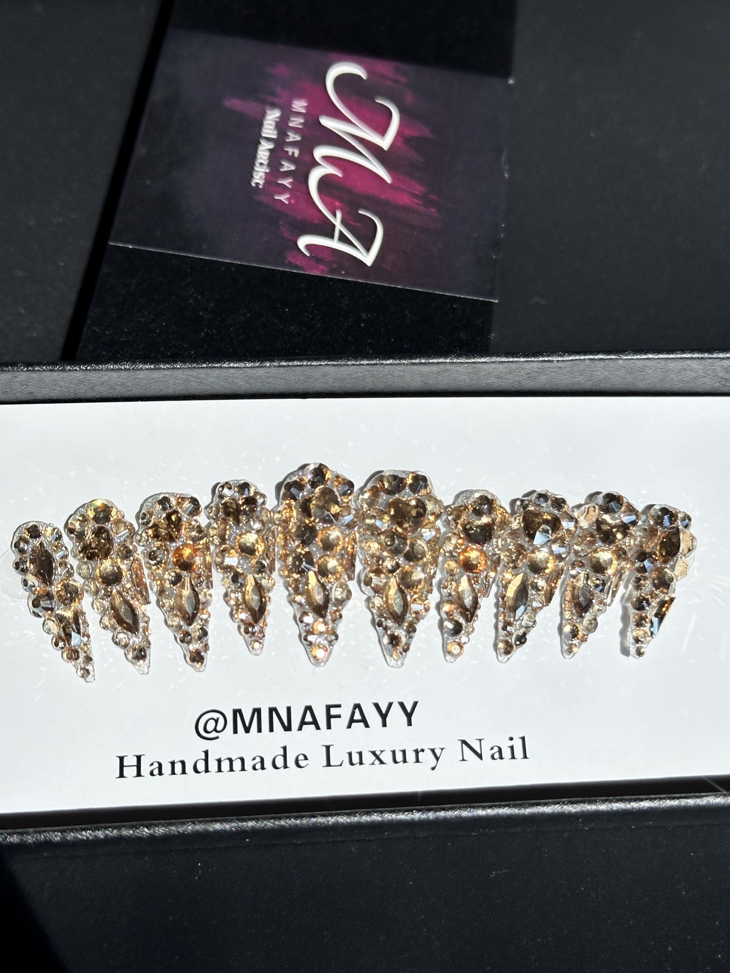 MNAFAYY Luxury Gems 100% Handmade Nails Gold Long Stiletto Press On Nails Full Cover 3D Rhinestone Crystal Gorgeous Reusable UV Finished Fake False Nails Acrylic Nail Kit With Box Gifts for Women S