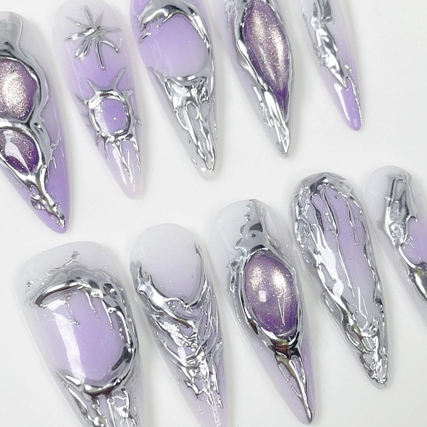 Purple Gradient Press on Nails Long - Handmade Press On Nails Almond Fake Nails with 3D Cat's Eye Designs False Nails Luxury Full Cover French Acrylic Stick on Nail for Women 10Pcs (Size M)