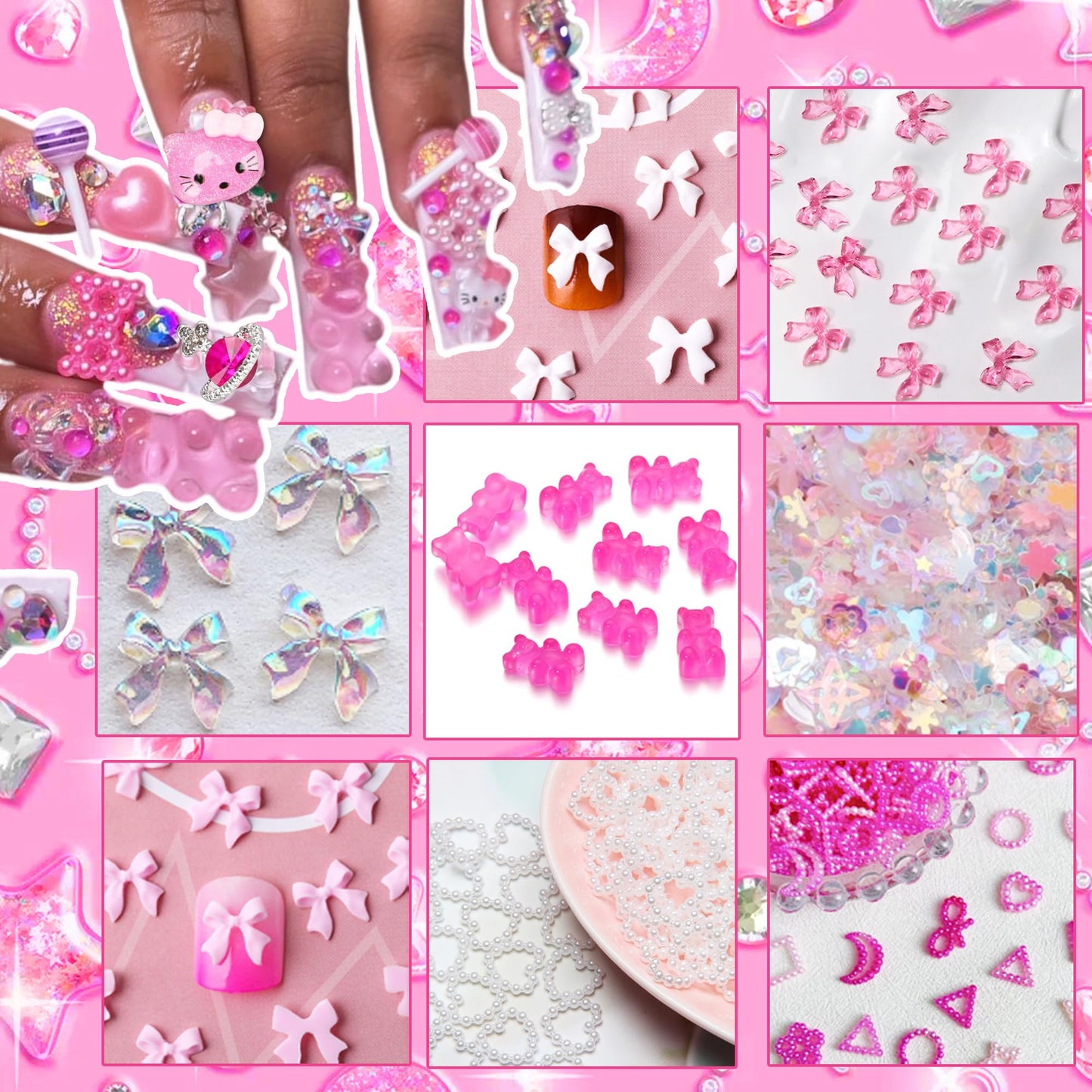 Namifin 3D Pink Nail Charms Bulk Gummy Bear Butterfly Bow Assorted Nail Charms Set Planet Cherry Gems Cute Heart Star Pearls Nail Charms for Nail Art DIY Supplies Accessories