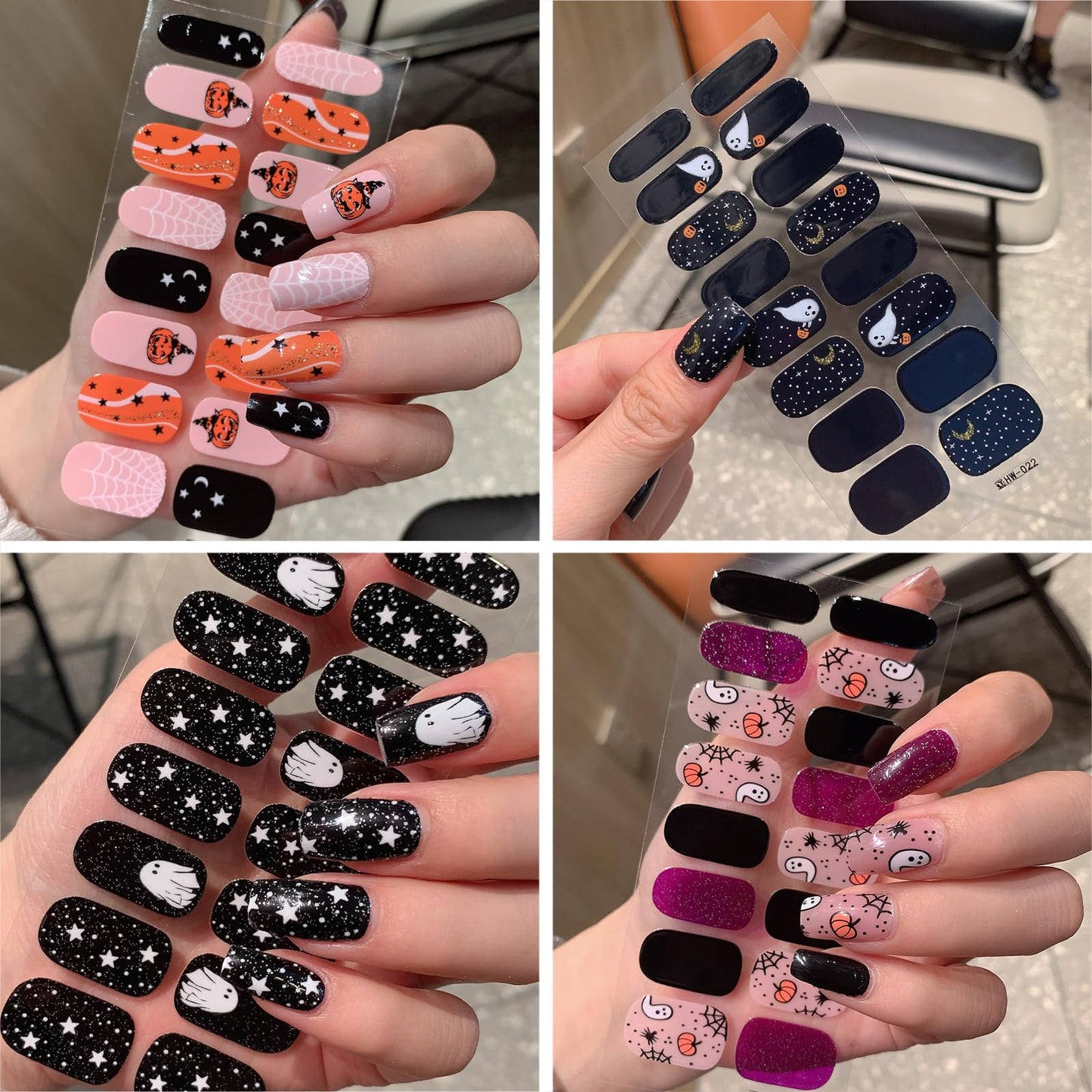 6 Sheets Halloween Nail Stickers Self-Adhesive with Glitter Pumpkin Bat False Nails Spider Skull Pattern Halloween Nail Stickers Women Girls Nail Art Decoration