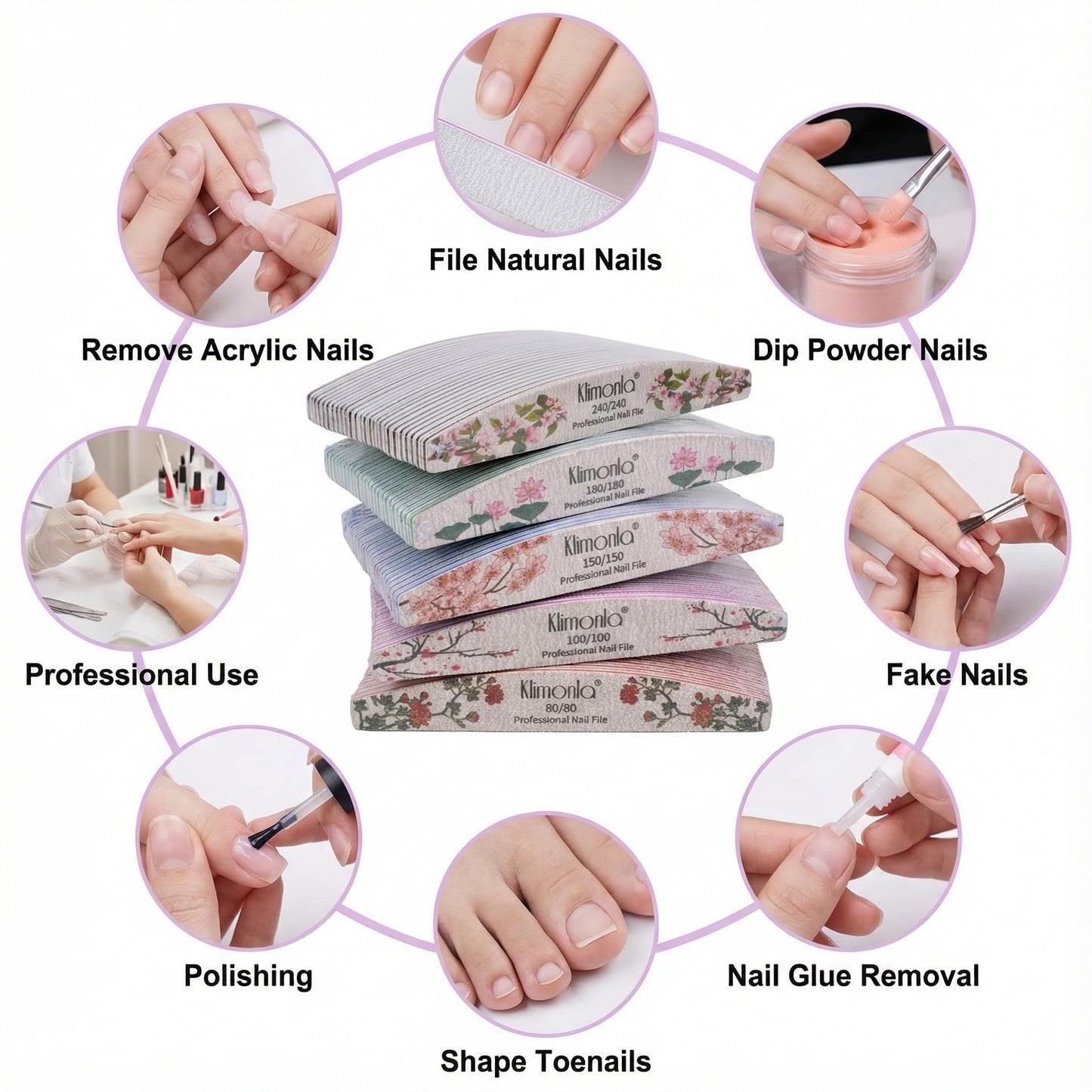 25PCS Floral Professional Nail Files 80/100/150/180/240 Grit, Emery Boards Nail Files for Natural Nails and Acrylic Nails, Double Sided Emory Boards limas para unas acrilicas Reusable Manicure Tools