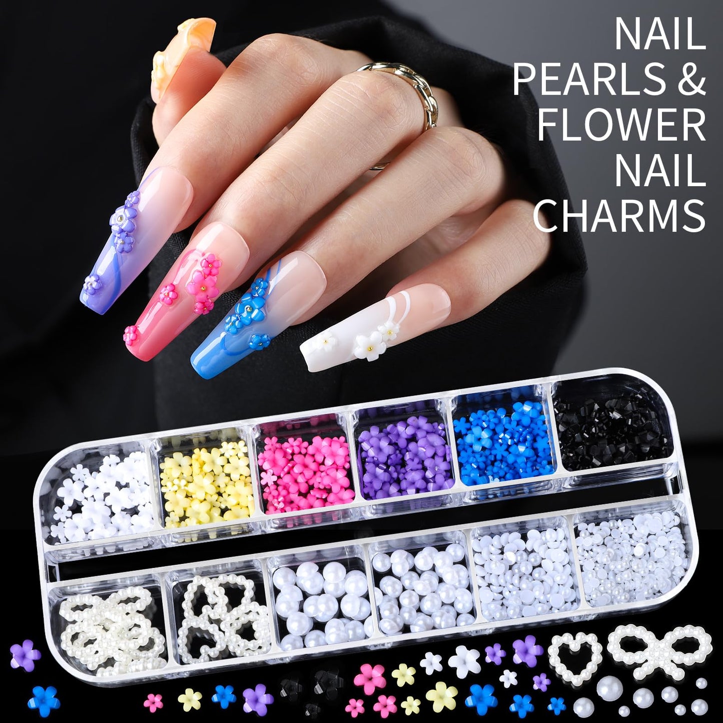Teenitor Nail Charms Nail Gems with 15 Sheets Gold Nail Stickers, 6 Boxes of Rhinestones for Nails Art Tools, 3D Nail Decals Pearls for Nails