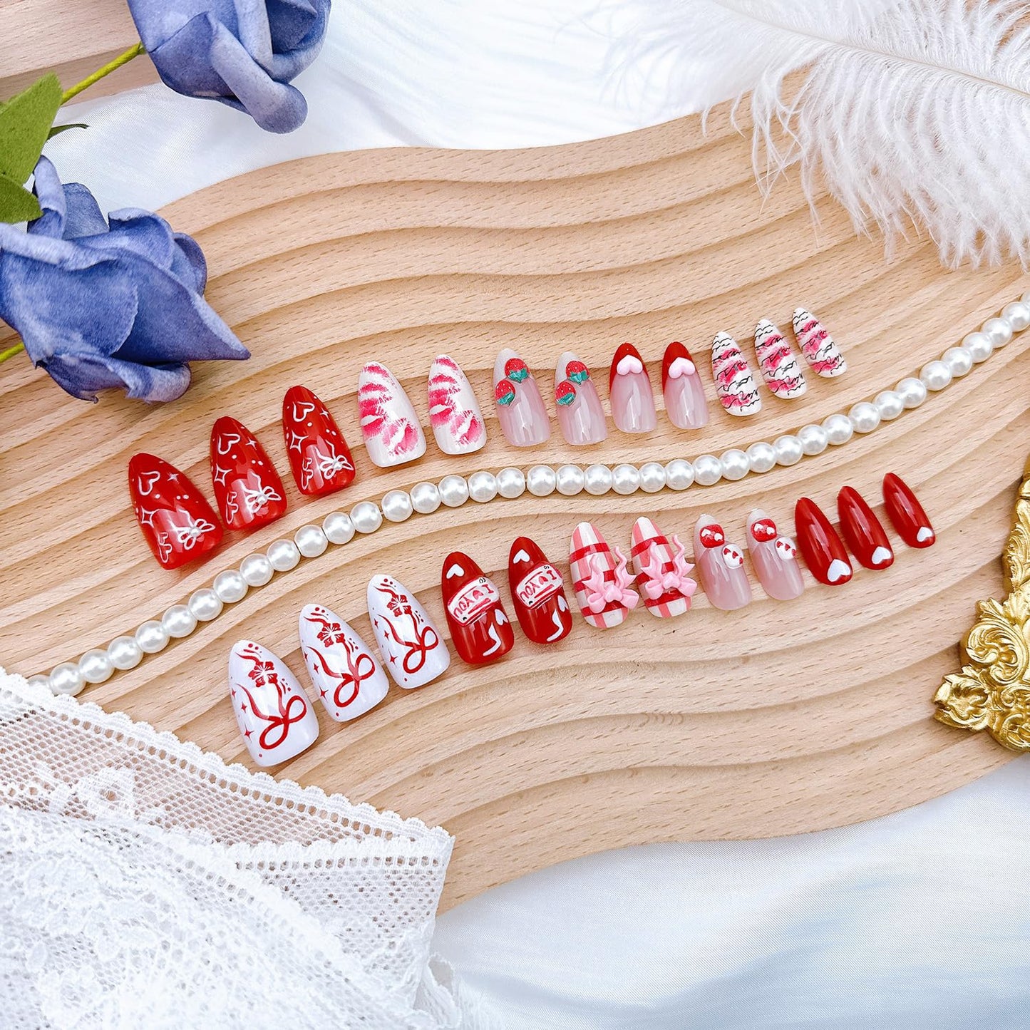 24Pcs Valentines Press on Nails Medium Almond Fake Nails with Heart Bow Rhinestones Romantic Red Lips False Nails 3D Strawberry Acrylic Nails Valentine Hearts Full Cover Stick on Nail for Women