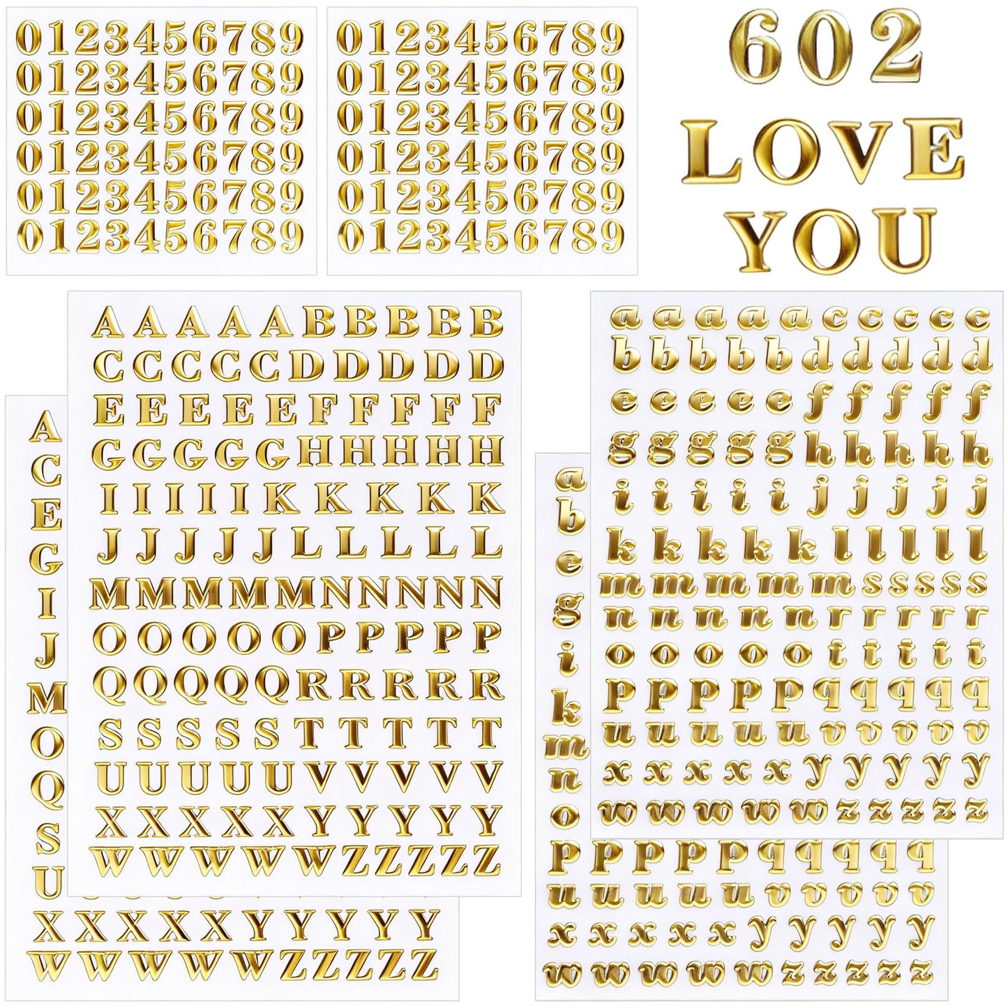 Hzopcw 640pcs Tiny Metal Letter Stickers Numbers, Gold Self-Adhesive Number Alphabet Stickers, 3D Number Decals Glitter Letter Sticker for Scrapbooking DIY Crafts Decoration