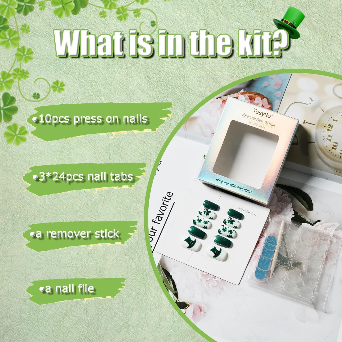 Tesytto Medium Coffin Press On Nails, Green Glitter & White Fake Nails with 3D Green Hat & Clover Print, Handmade Acrylic Nails Glossy Full Cover False Nails (Size M)