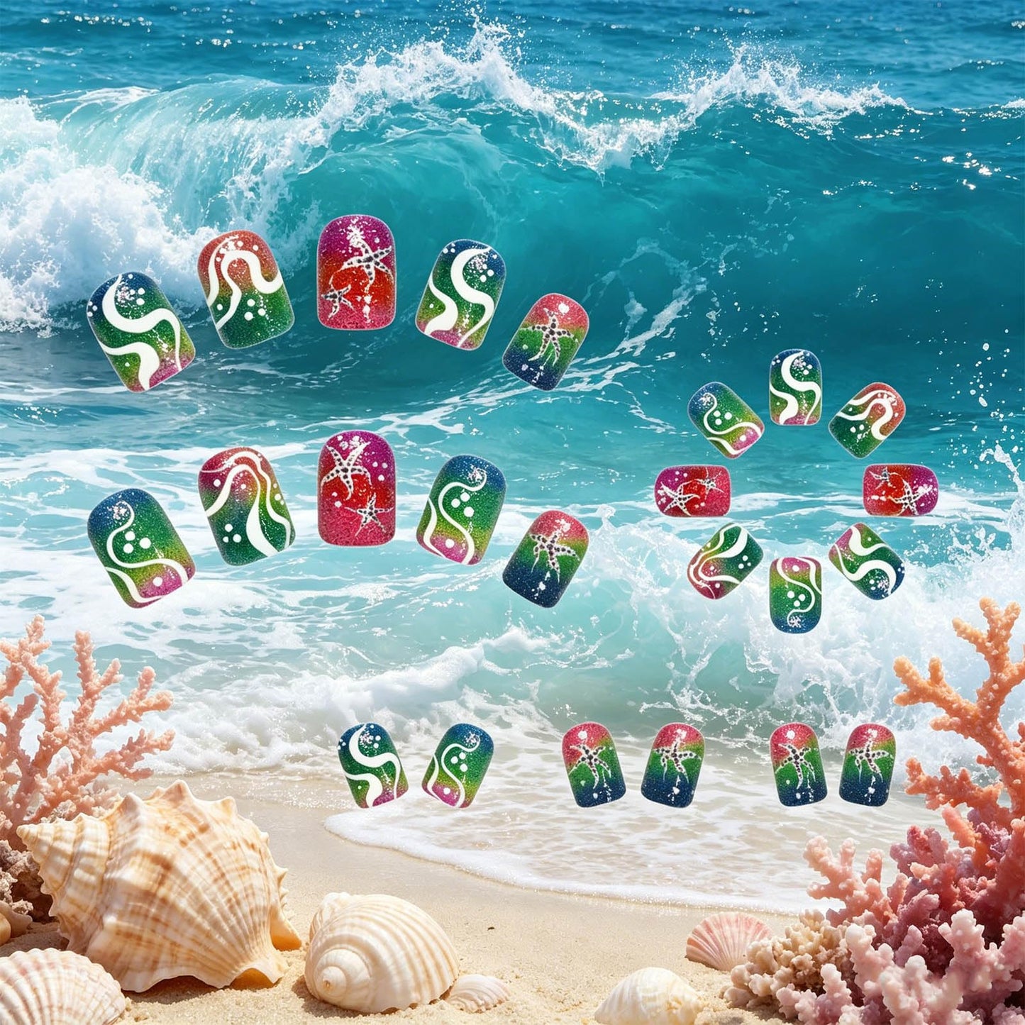 Ocean Starfish Press on Nails with Summer Beach Design Glossy Rainbow Ombre Fake Nail Short Square False Nails Seaweed Full Cover Stick on Nail Wave Glue on Artificial Fingernails for Women Wear