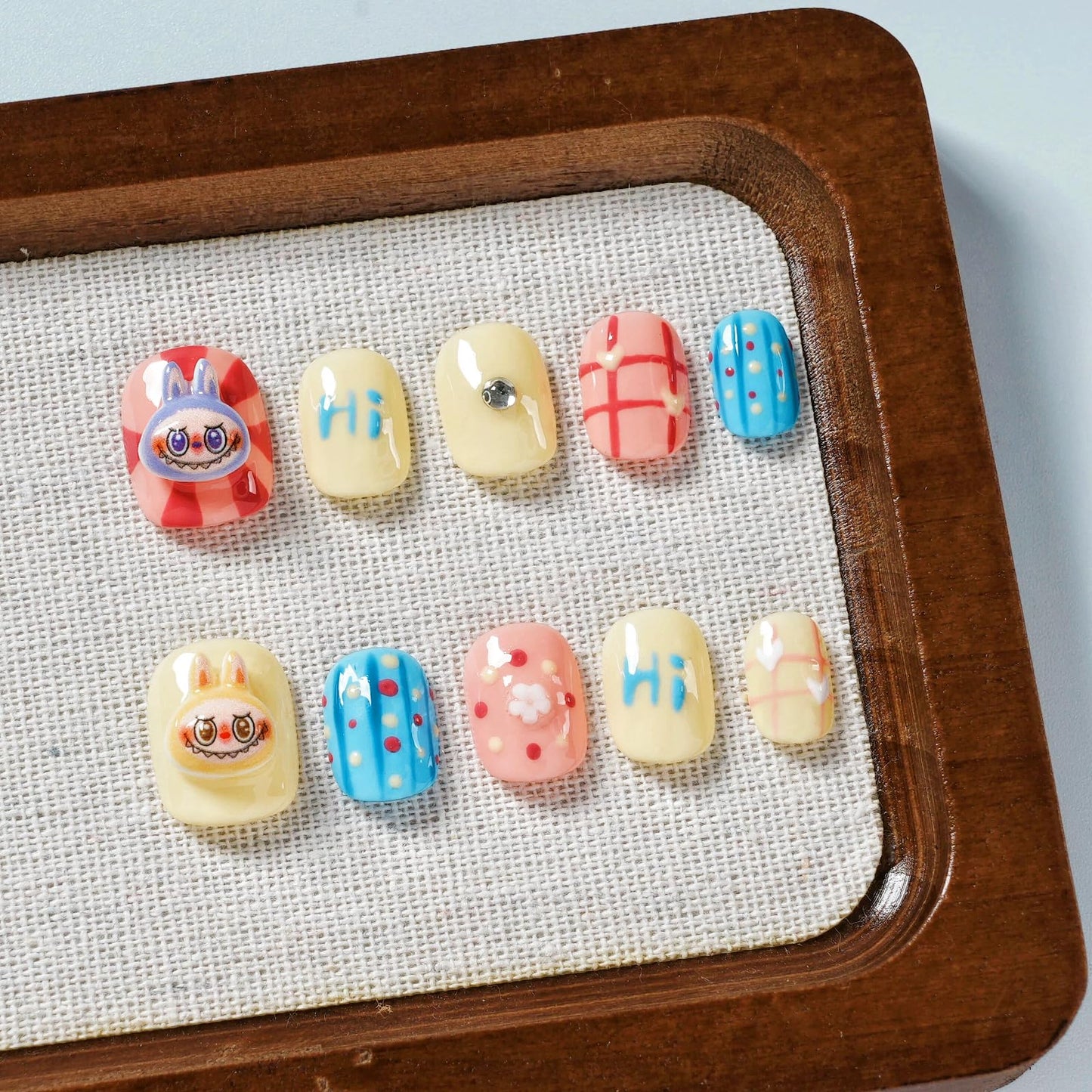 Tesytto Cartoon Press on Nails Extra Short Square - 3D Cute Charms Design, Colorful Mini Figure False Nails for Women and Girls (Cartoon-B,S)