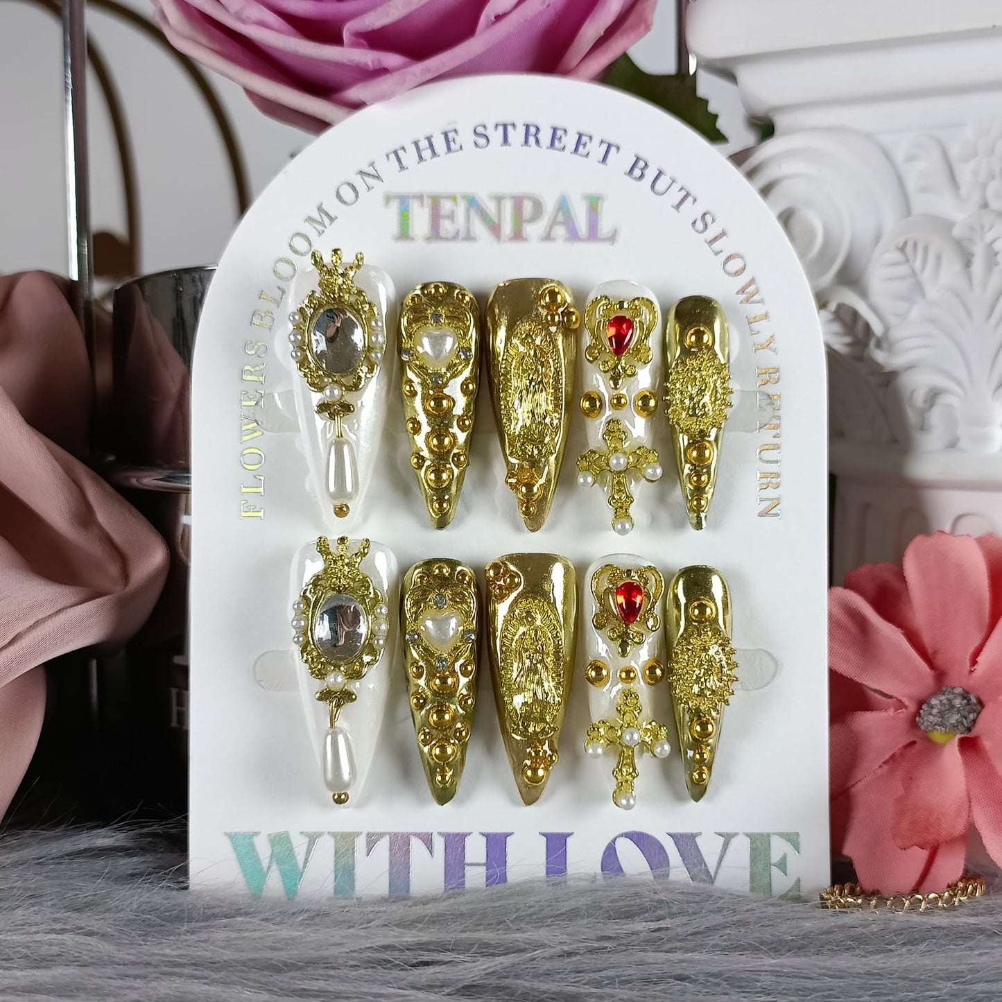TENPAL 10Pcs Handmade Royal Press On Nails With Tools,Metallic Gold Long Stiletto Fake Nails with Pearl & Celestial Charms Designs,Sculpted 3D Baroque Acrylic Glue on Nails for Wedding Gothic Ball(M)