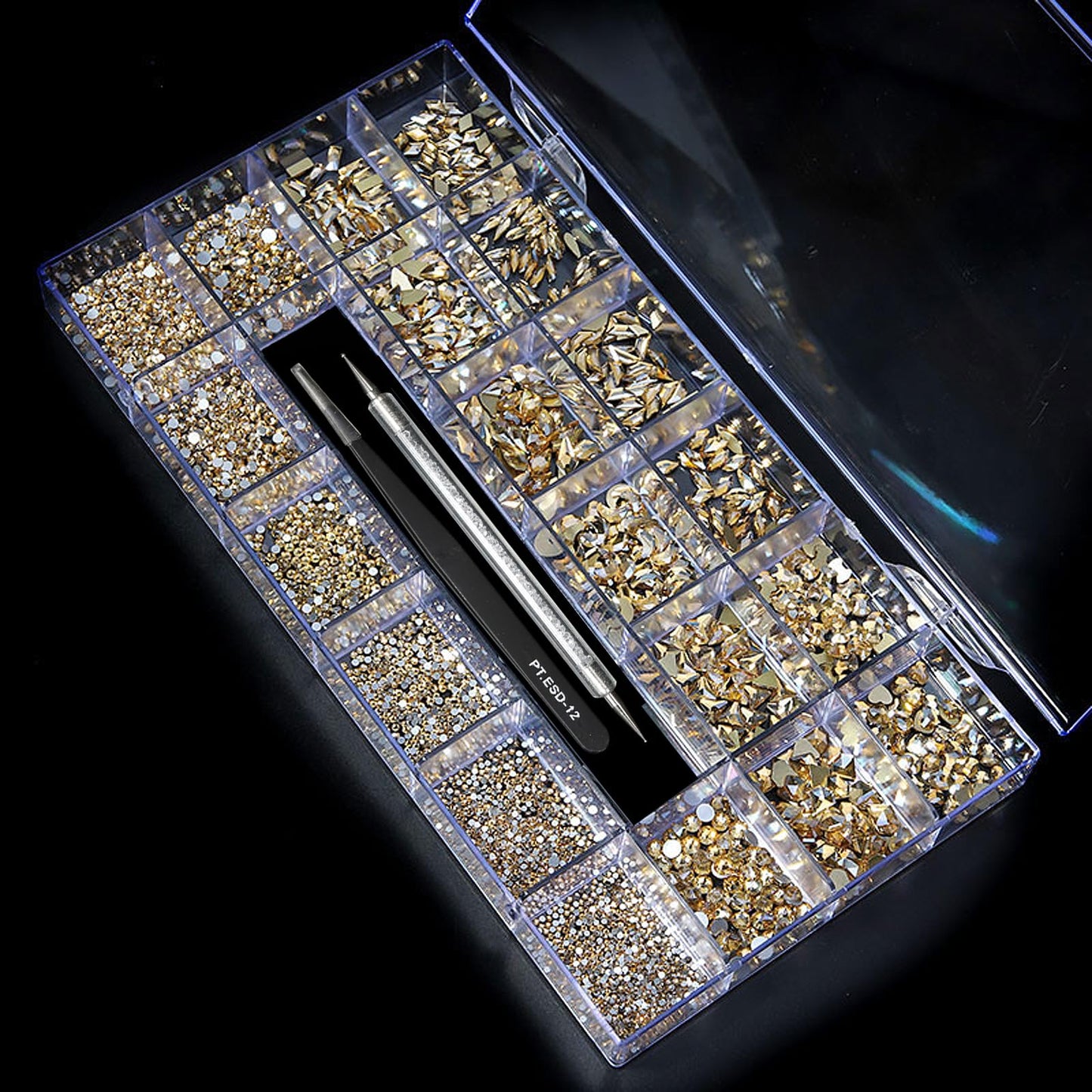Yzzseven 12 Types of 600 Champagne Diamonds + 2500 Flat Rhinestones Mix 20 Styles Flatback DIY Crafts Rhinestone Crystals 3D Ornament‌s Flat Back Stones Set + Tweezers + Drill Pen