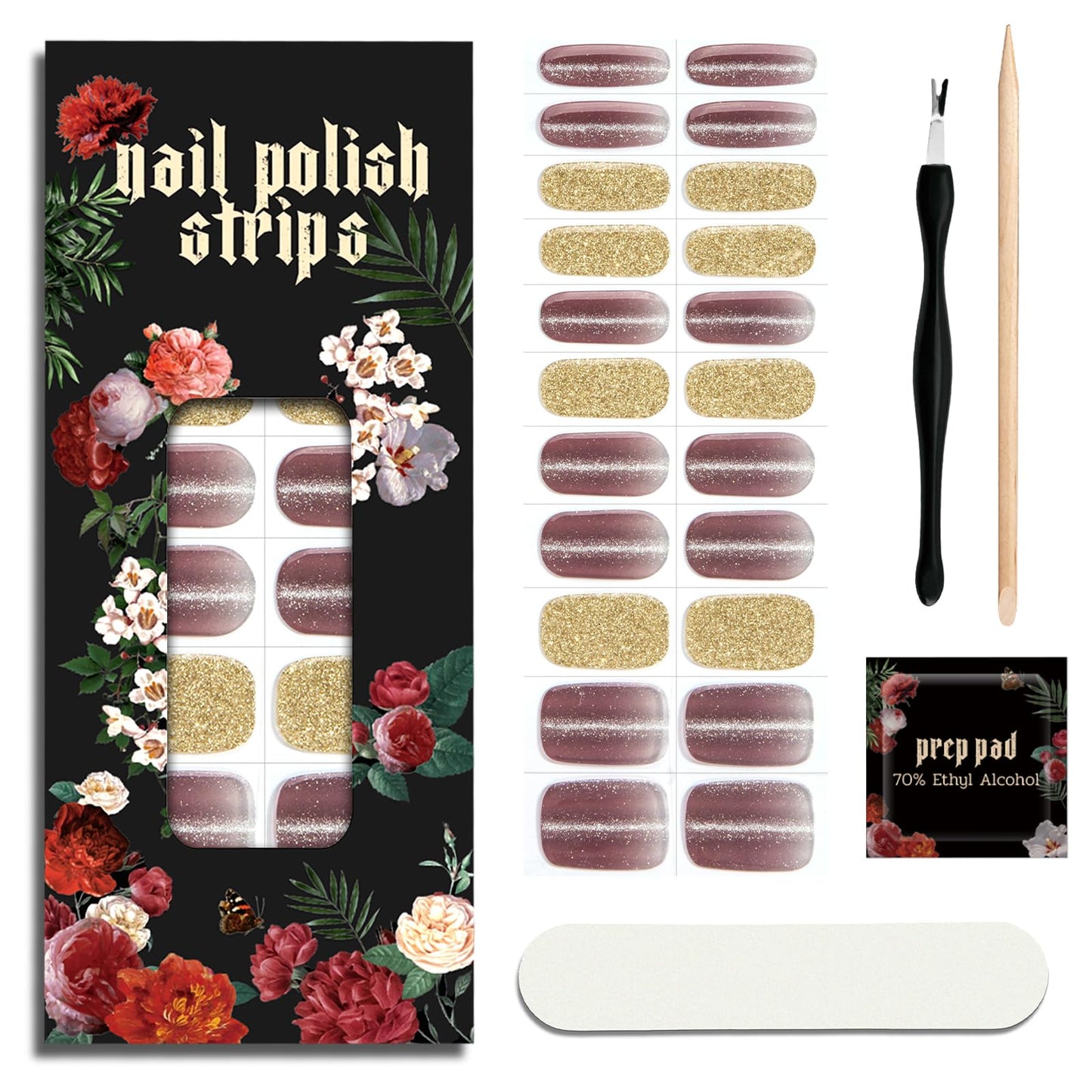 ruyeefam Nail Polish Strips (No UV Lamp Needed) - 22 Pcs Salon Quality Gel Nail Stickers - Long Lasting Wraps (Lavender Gold Foil)