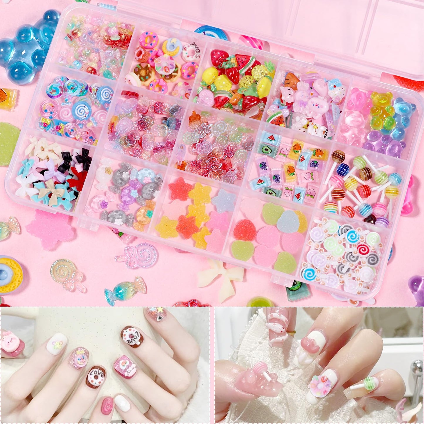 3D Candy Acrylic Nail Charms, Multi Color Cartoon Gummy Bear Fruit Lollipop Donut Ice Cream Heart Star Bows Acrylic Nail Art Charms, Candy Charm for Nails Art DIY Crafts Accessories
