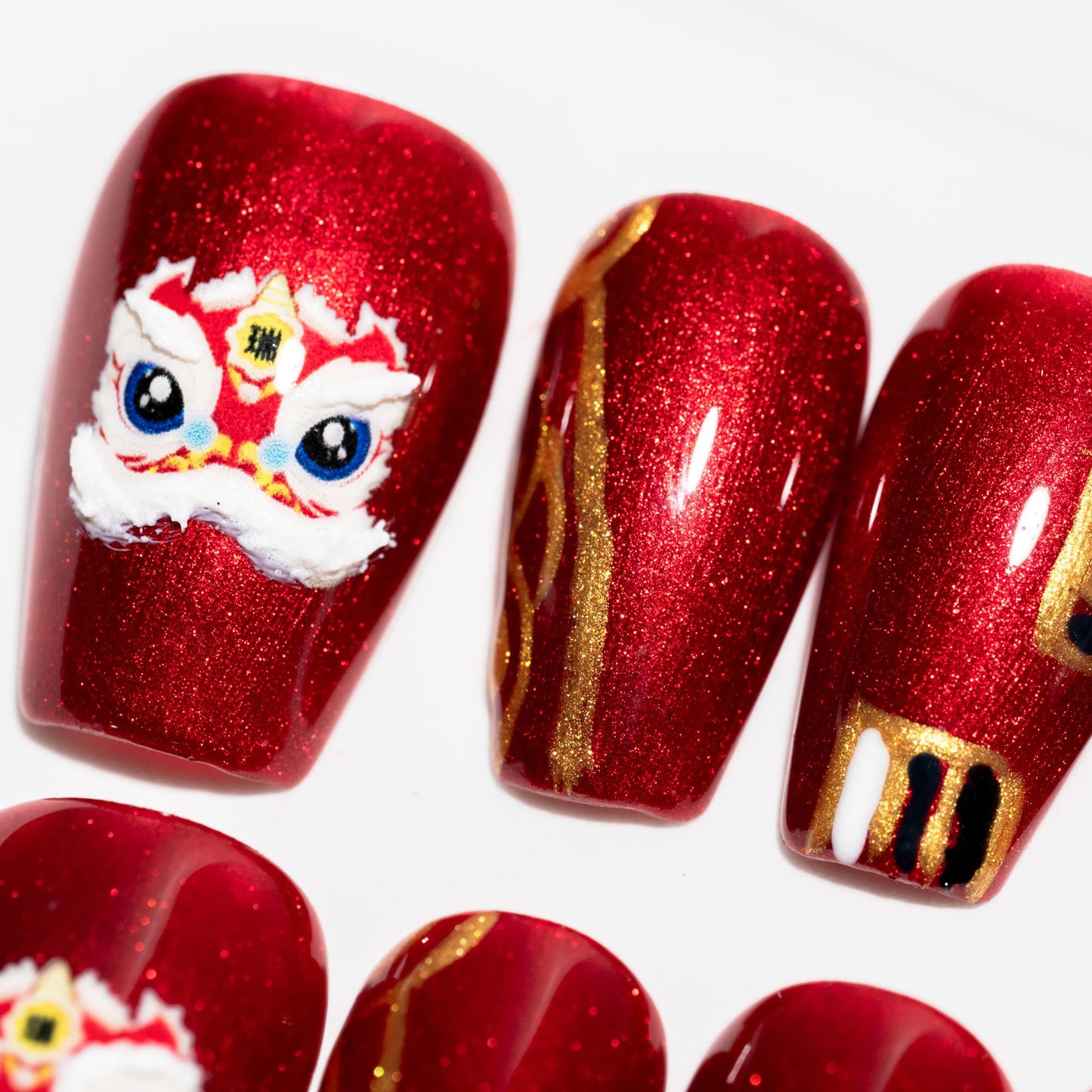 Sun&Beam Nails Handmade Press On Nails Short Square Chinese Red Glitter Lion Dance 10 Pieces for Festive Occasions and Celebrations (#016 M)