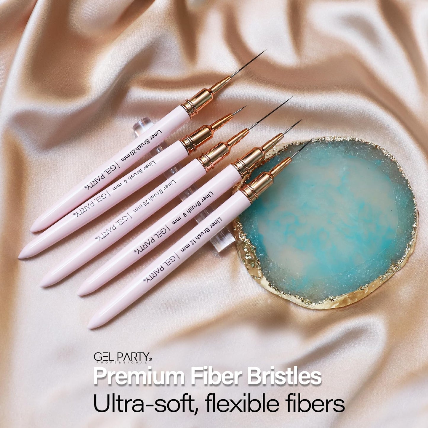 GELPARTY 7Pcs Light Pink Nail Art Brush Set - Professional Ultra-Fine Liner & Detail Brushes for Gel Polish & Acrylic Nails - Includes Turquoise Agate Palette & Holder - Manicure Tool Kit
