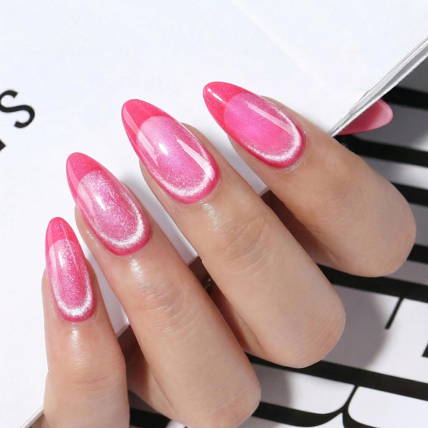 UNA GELLA Hot Pink Press on Nails Almond, Cat Eye Soft Gel Fake Nails for Women, 32 Pcs 16 Sizes Reusable Glue on Nails Kit, False Nails with Nail Glue and Adhesive Tabs